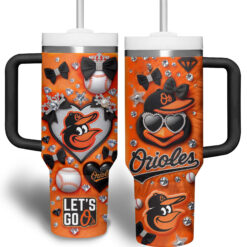 Gleammerch Baltimore Orioles Custom Stanley Quencher 40oz Stainless Steel Tumbler With Handle