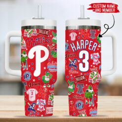 Gleammerch Philadelphia Phillies Custom Stanley Quencher 40oz Stainless Steel Tumbler With Handle
