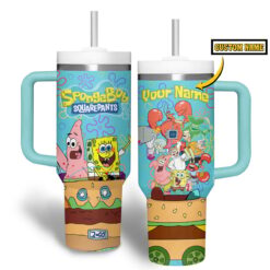 Gleammerch SpongeBob SquarePants Custom Stanley Quencher 40oz Stainless Steel Tumbler With Handle