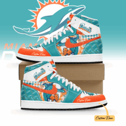 Gleammerch Miami Dolphins AJ1 High Sneakers Shoes For Men And Women