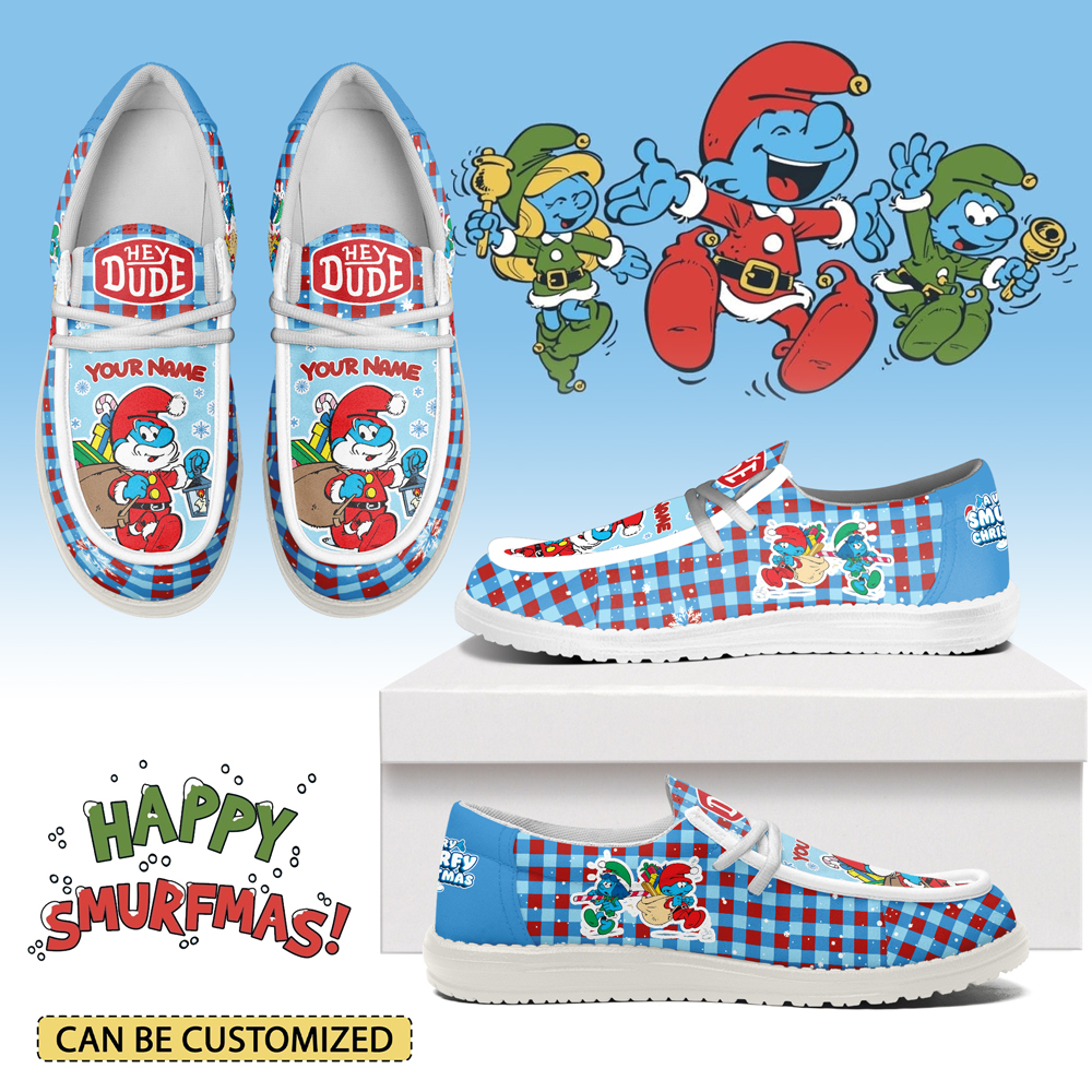Gleammerch Smurfs x Christmas Personalized Hey Dude Shoes For Men And Women