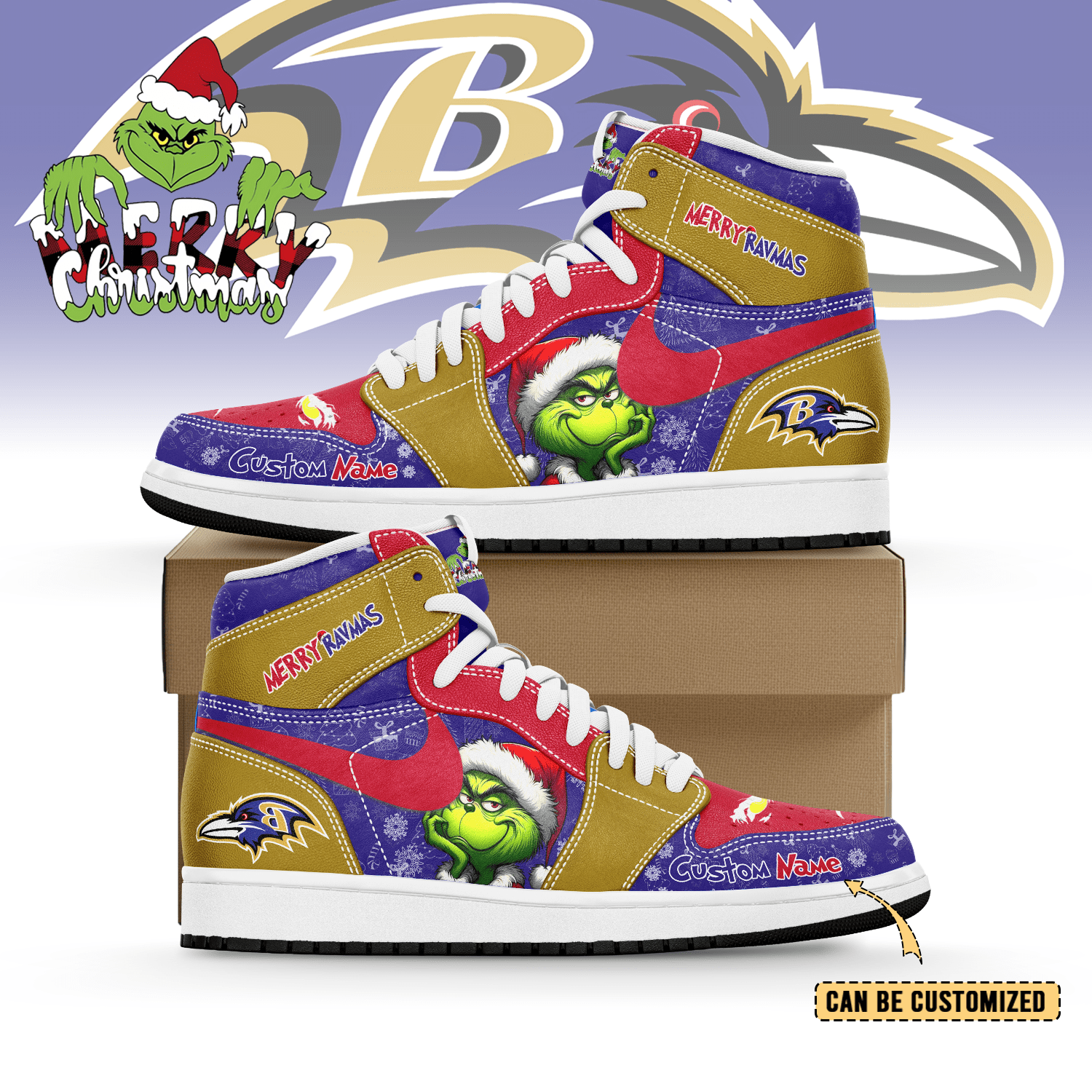 Gleammerch Baltimore Ravens x The Grinch x Christmas AJ1 High Sneakers Shoes For Men And Women