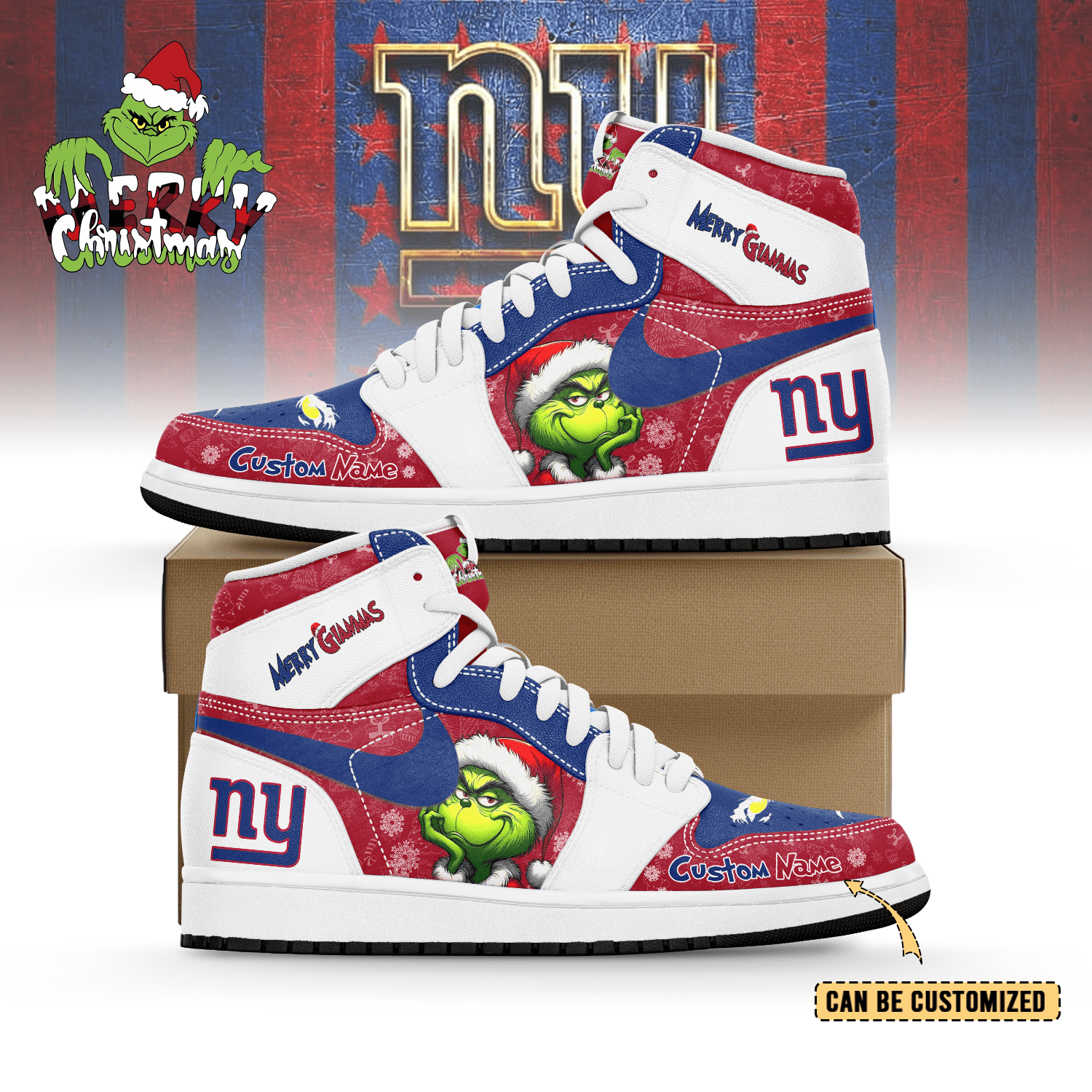 Gleammerch New York Giants x The Grinch x Christmas AJ1 High Sneakers Shoes For Men And Women