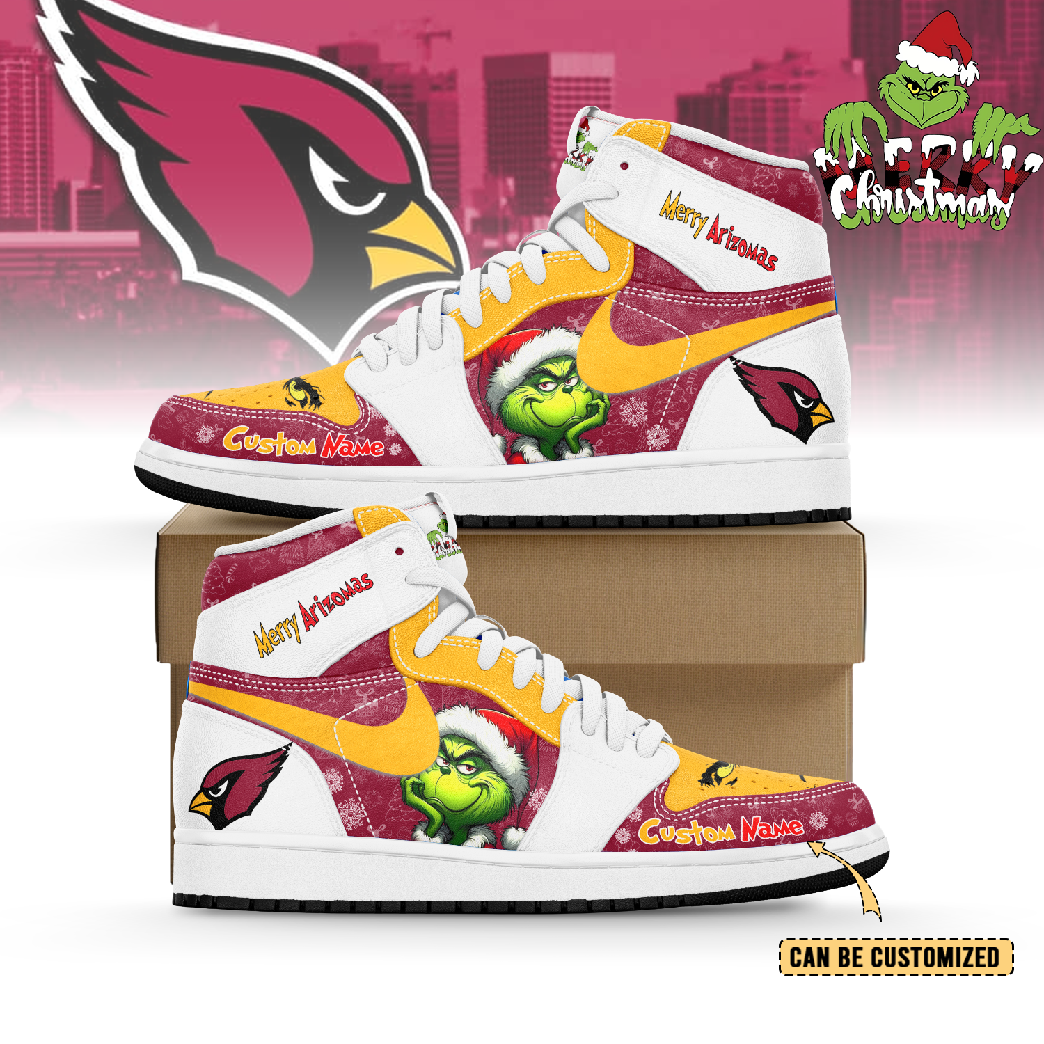 Gleammerch Arizona Cardinals  x The Grinch x Christmas AJ1 High Sneakers Shoes For Men And Women