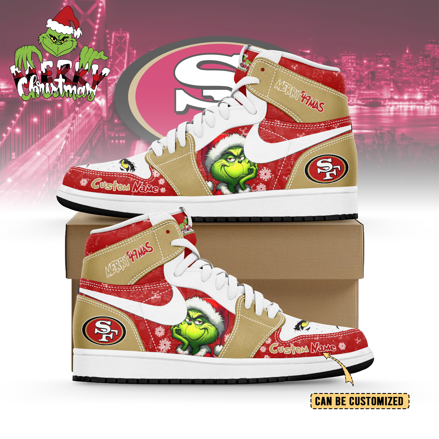 Gleammerch San Francisco 49ers x The Grinch x Christmas AJ1 High Sneakers Shoes For Men And Women