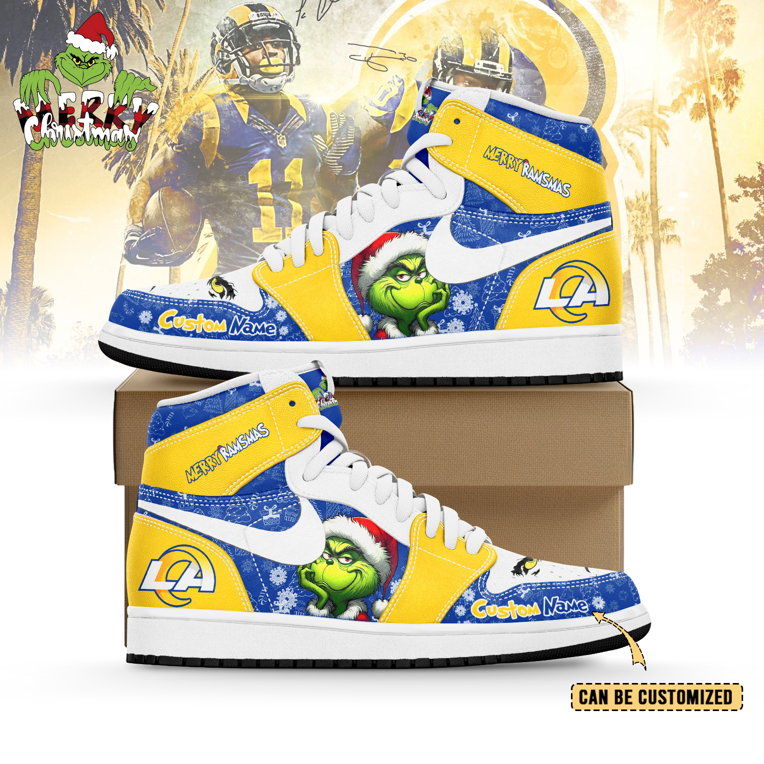 Gleammerch Los Angeles Rams x The Grinch x Christmas AJ1 High Sneakers Shoes For Men And Women