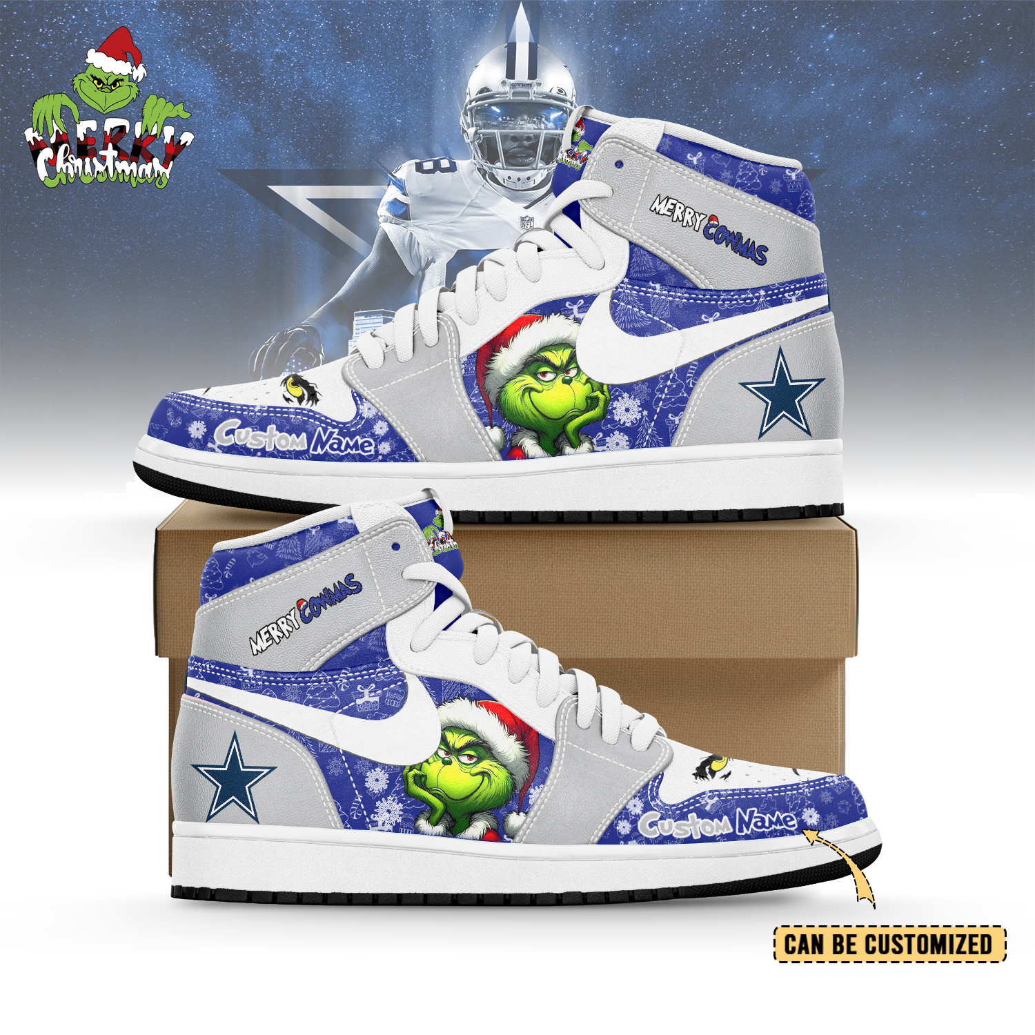 Gleammerch Dallas Cowboys x The Grinch x Christmas AJ1 High Sneakers Shoes For Men And Women