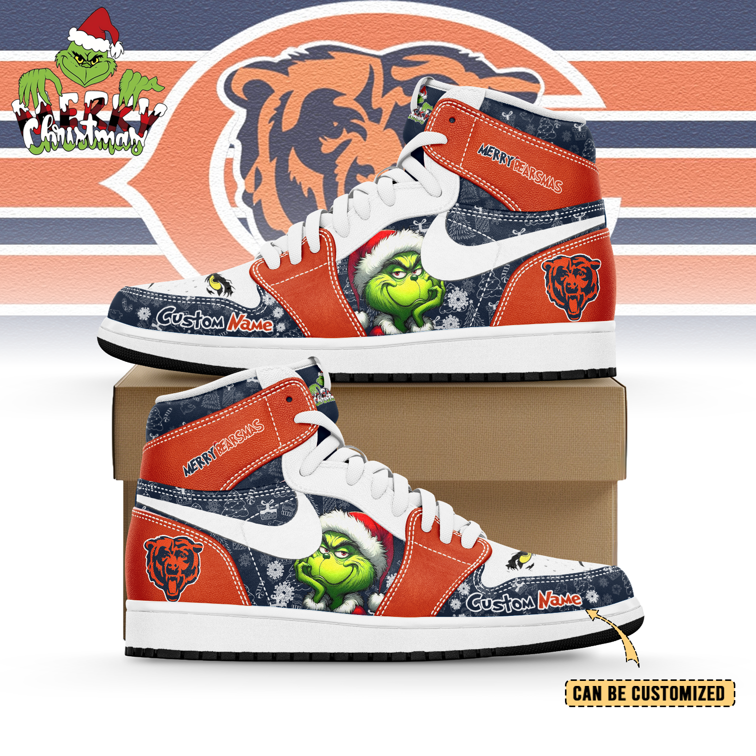 Gleammerch Chicago Bears x The Grinch x Christmas AJ1 High Sneakers Shoes For Men And Women