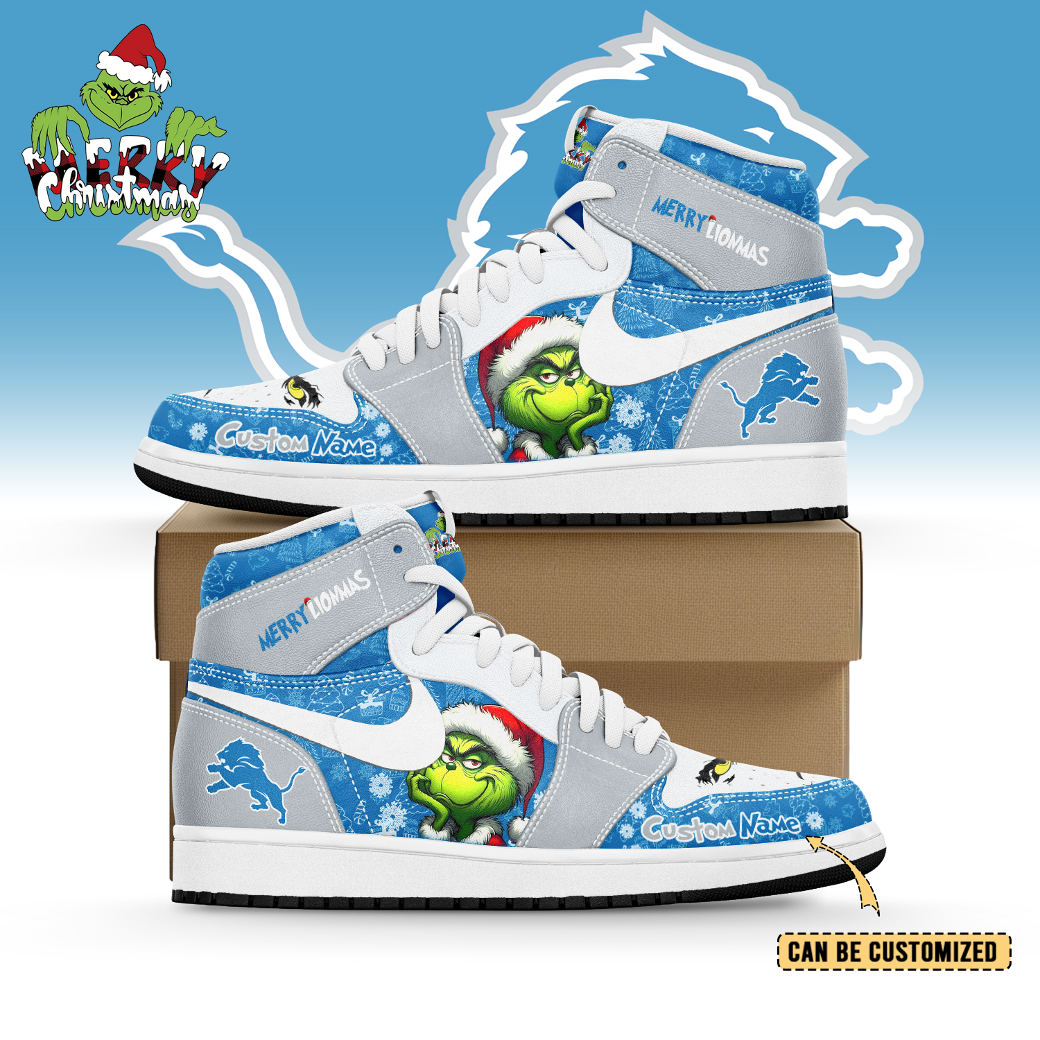 Gleammerch Detroit Lions x The Grinch x Christmas AJ1 High Sneakers Shoes For Men And Women