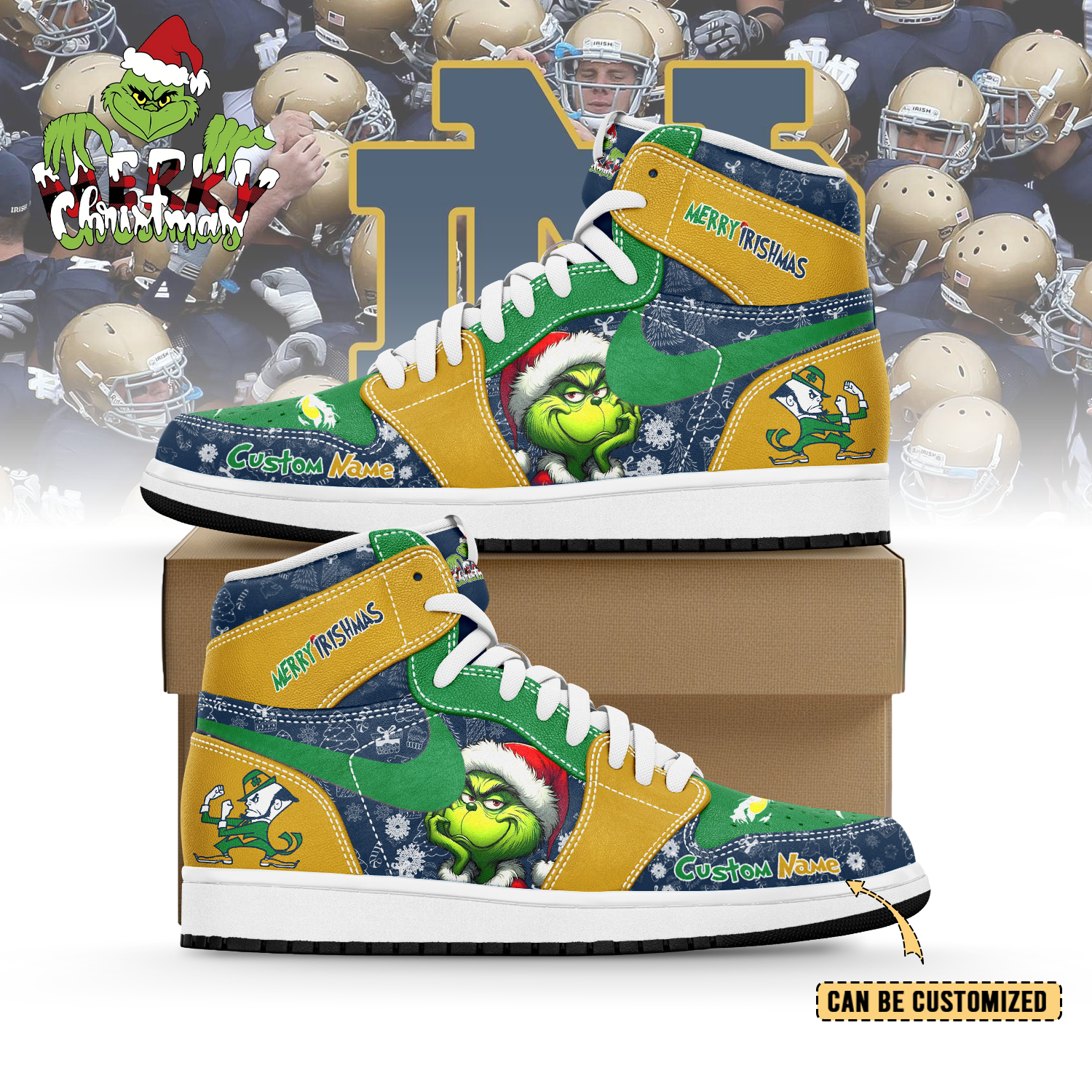 Gleammerch Notre Dame Fighting Irish x The Grinch x Christmas  AJ1 High Sneakers Shoes For Men And Women