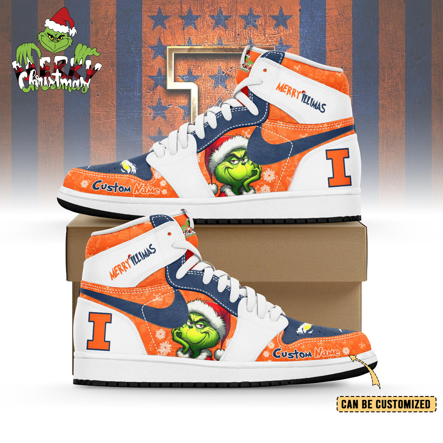 Gleammerch Illinois Fighting Illini x The Grinch x Christmas  AJ1 High Sneakers Shoes For Men And Women