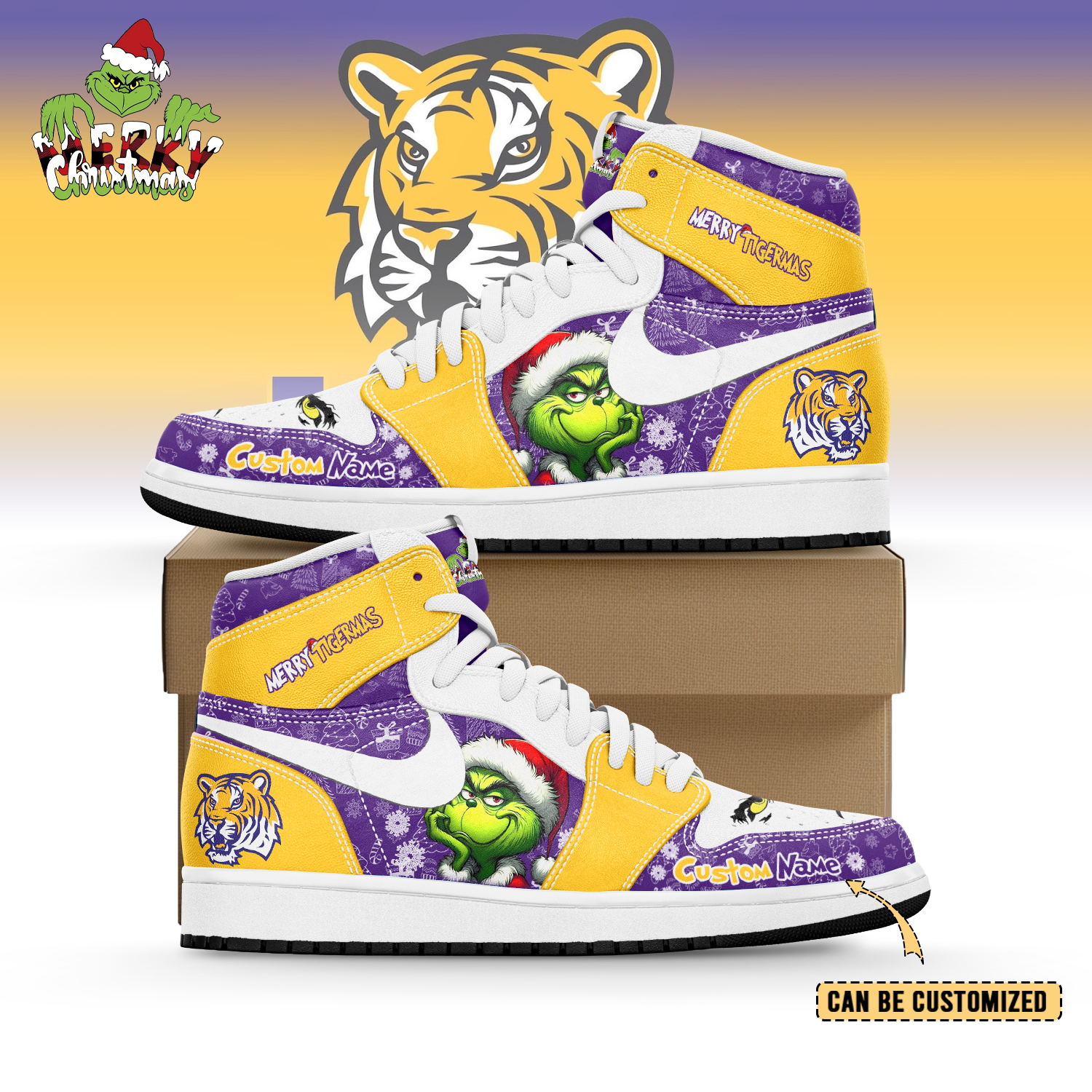 Gleammerch LSU Tigers x The Grinch x Christmas  AJ1 High Sneakers Shoes For Men And Women