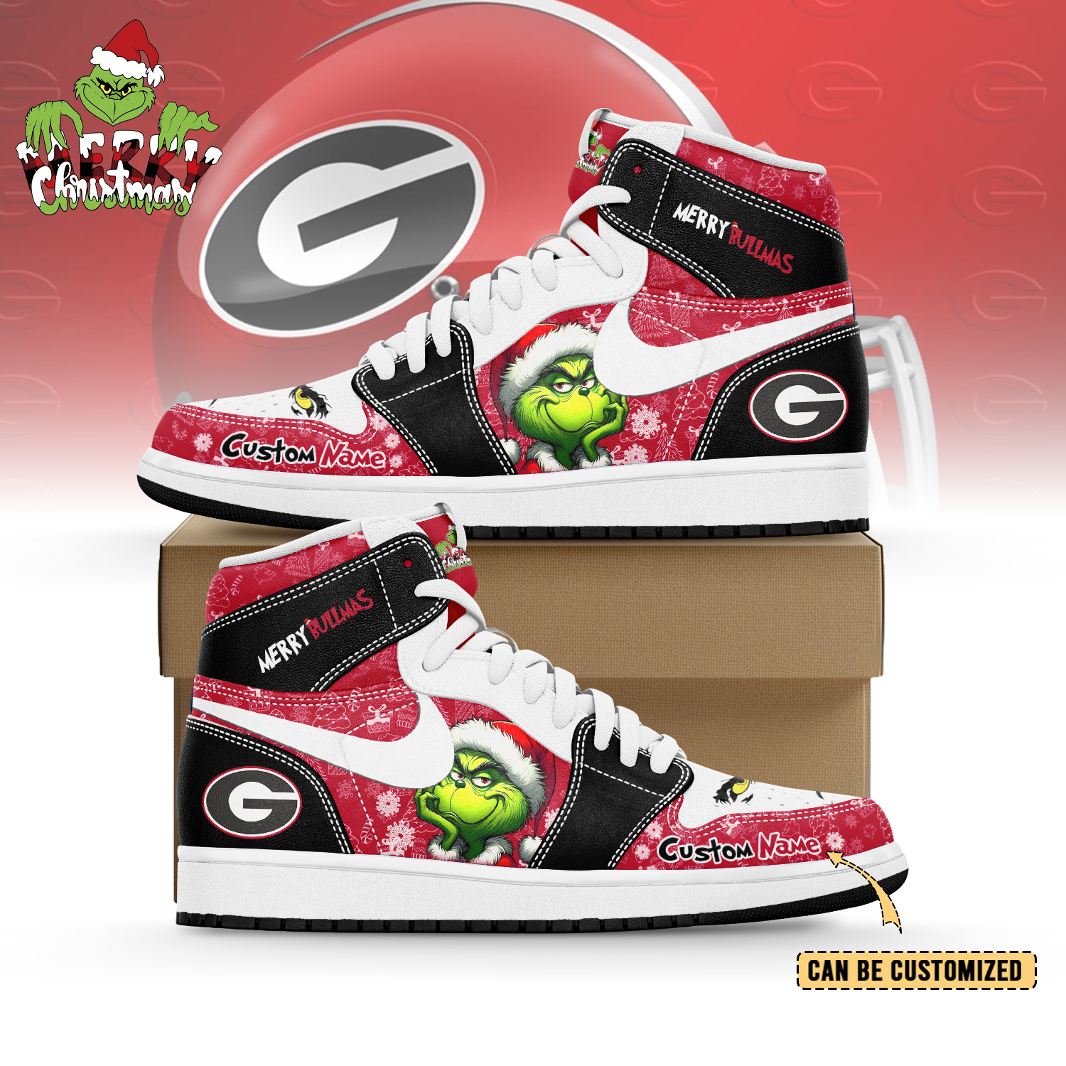 Gleammerch Georgia Bulldogs x The Grinch x Christmas  AJ1 High Sneakers Shoes For Men And Women