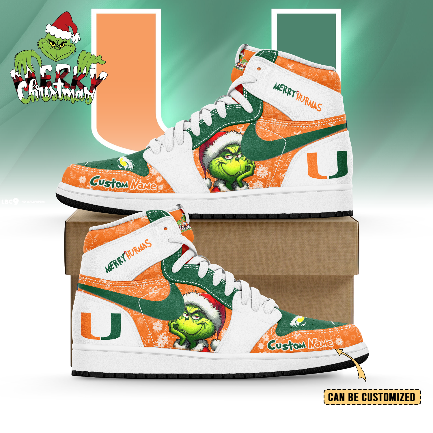 Gleammerch Miami Hurricane x The Grinch x Christmas  AJ1 High Sneakers Shoes For Men And Women