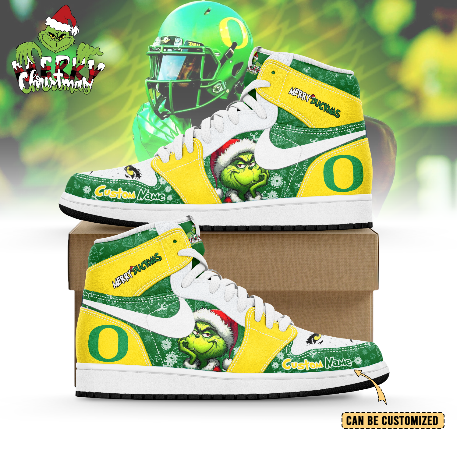 Gleammerch  Oregon Ducks x The Grinch x Christmas AJ1 High Sneakers Shoes For Men And Women
