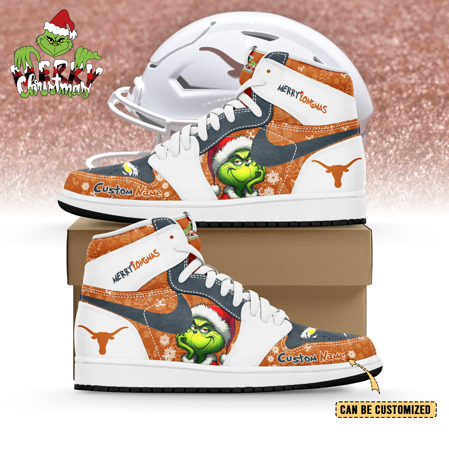 Gleammerch  Texas Longhorns x The Grinch x Christmas AJ1 High Sneakers Shoes For Men And Women