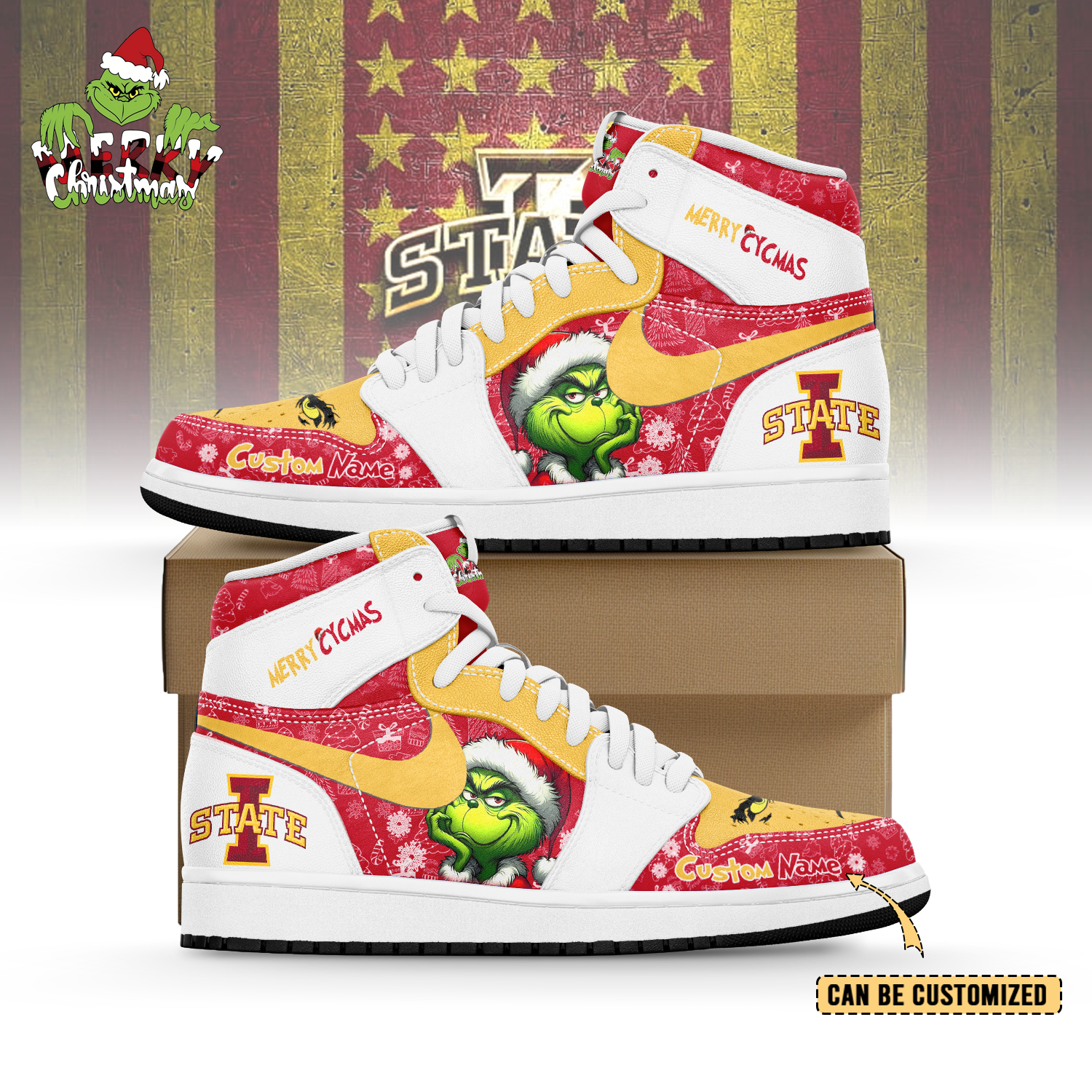 Gleammerch  Iowa State Cyclones x  The Grinch x Christmas AJ1 High Sneakers Shoes For Men And Women