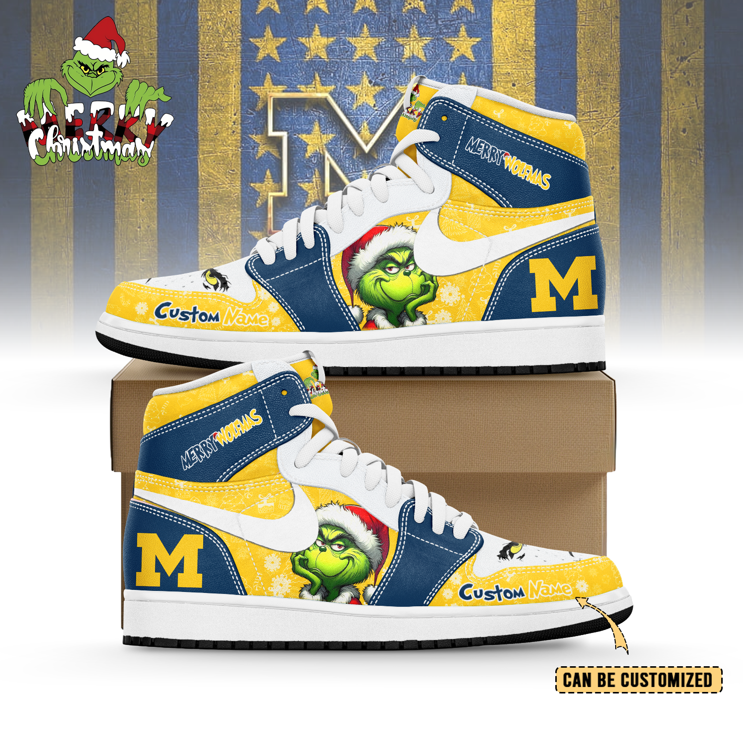 Gleammerch Michigan Wolverines x The Grinch x Christmas AJ1 High Sneakers Shoes For Men And Women