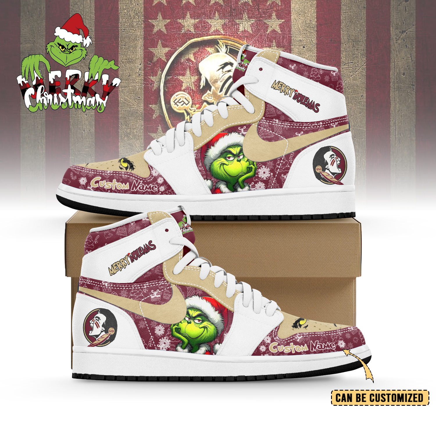 Gleammerch Florida State Seminoles x The Grinch x Christmas AJ1 High Sneakers Shoes For Men And Women