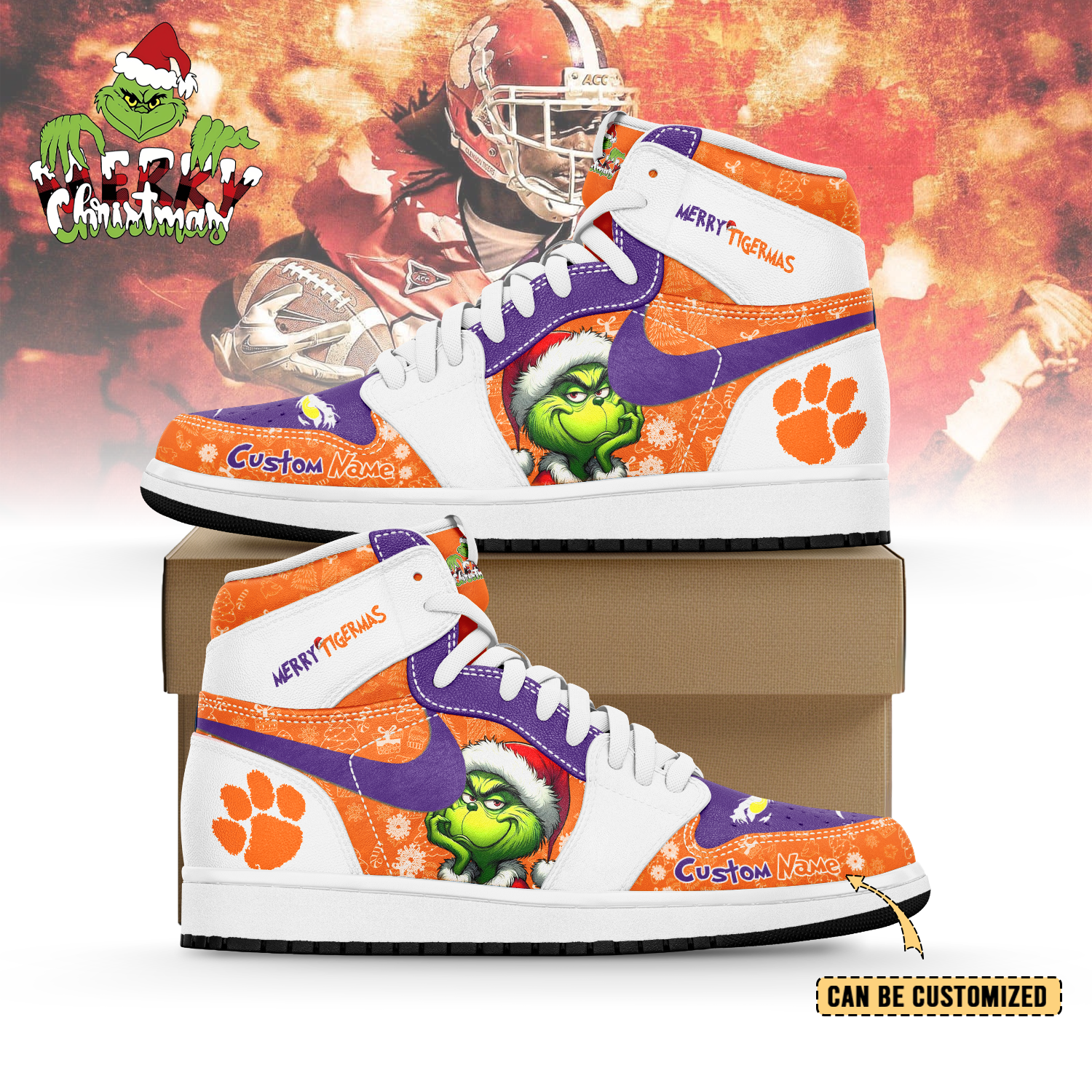 Gleammerch Clemson Tigers x The Grinch x Christmas AJ1 High Sneakers Shoes For Men And Women