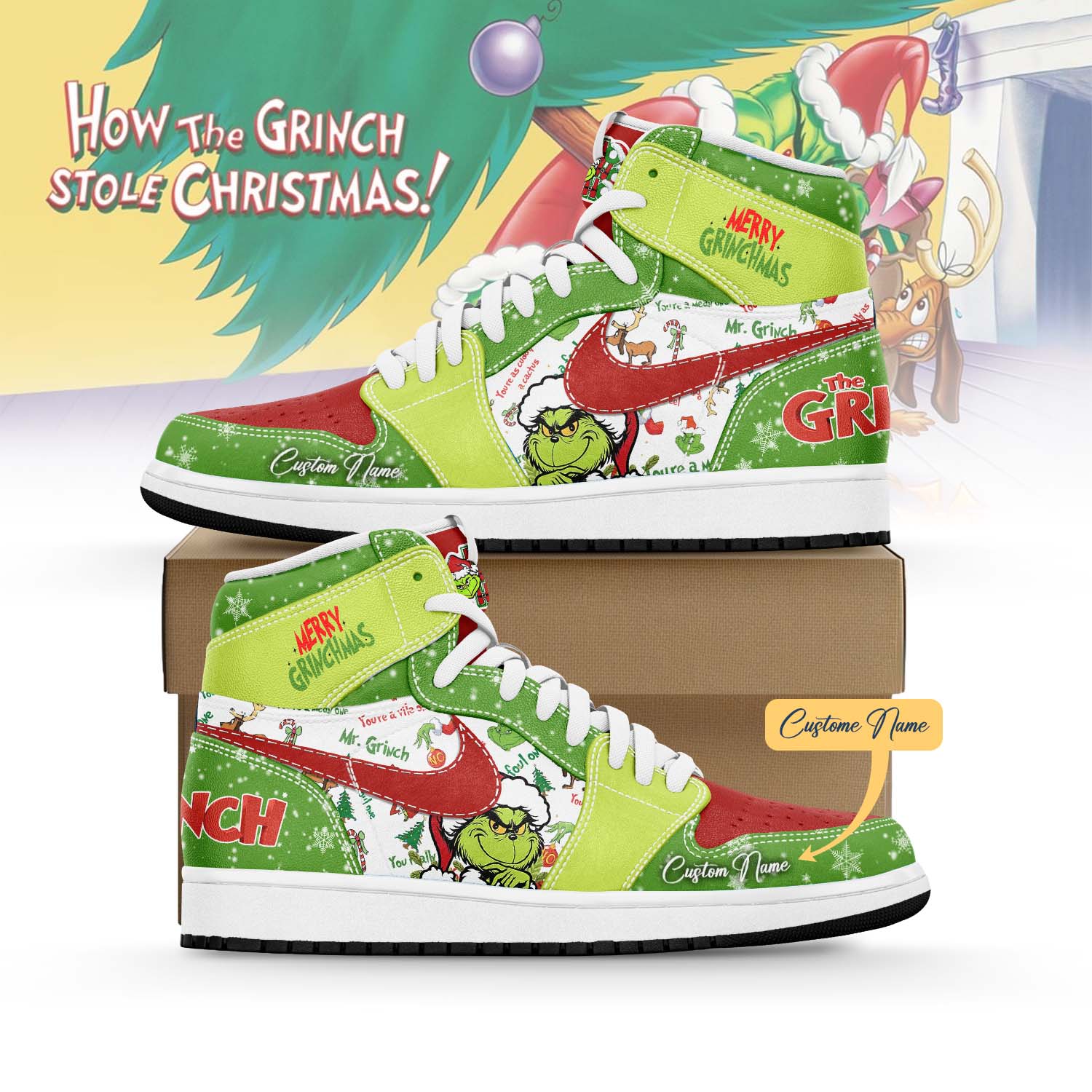 Gleammerch The Grinch x Christmas AJ1 High Sneakers Shoes For Men And Women