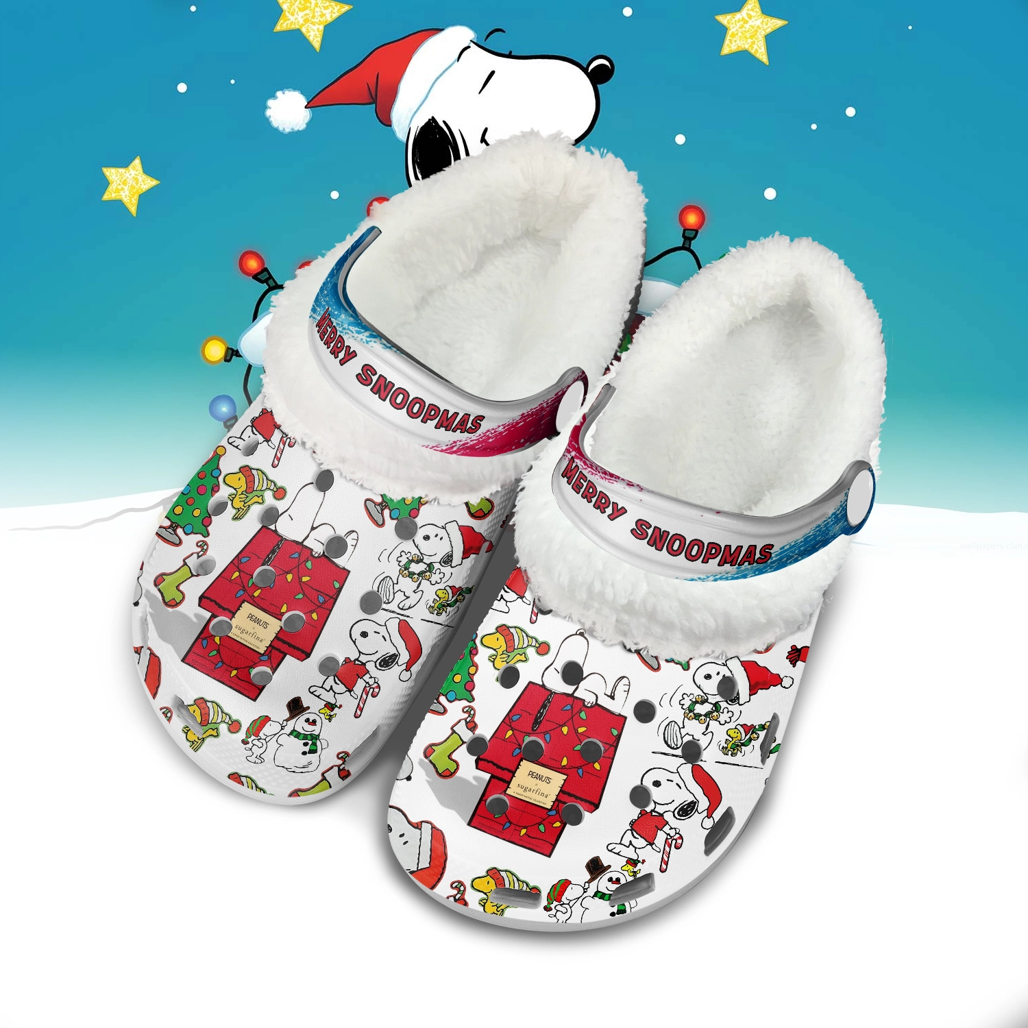 Gleammerch Snoopy x Christmas Fleece Crocs Crocband Clogs Shoes Comfortable For Men Women and Kids