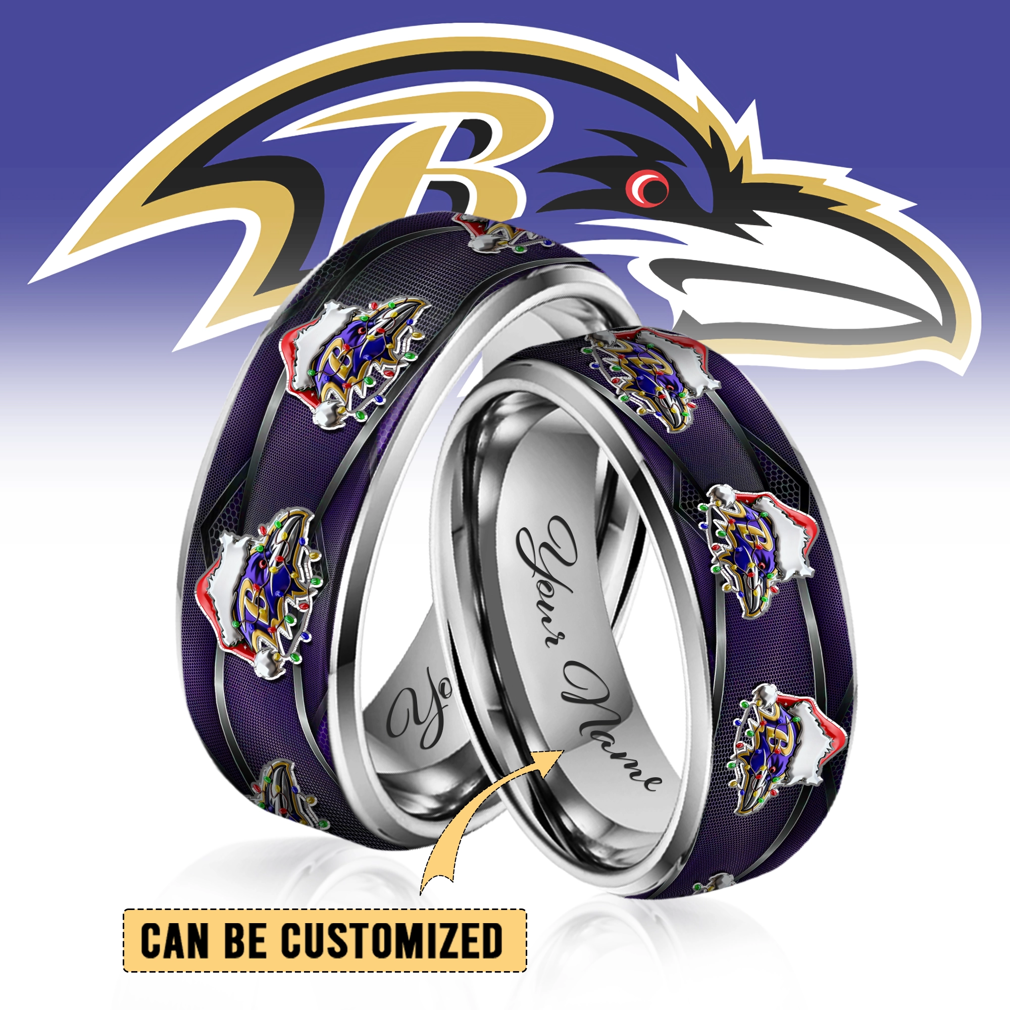 Gleammerch Baltimore Ravens x Christmas  Silver Tungsten Rings Gift For Fans