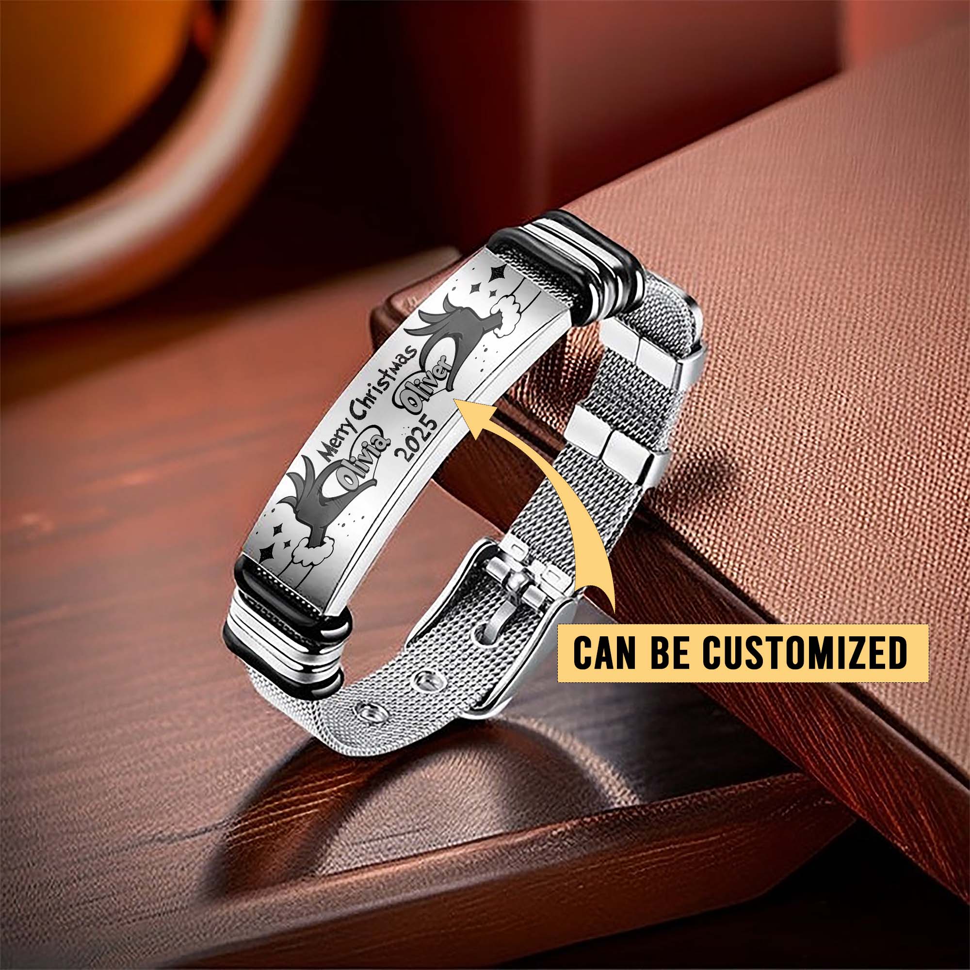 Gleammerch The Grinch Couple Personalized Men’s Metal Bracelet Gift For Fans