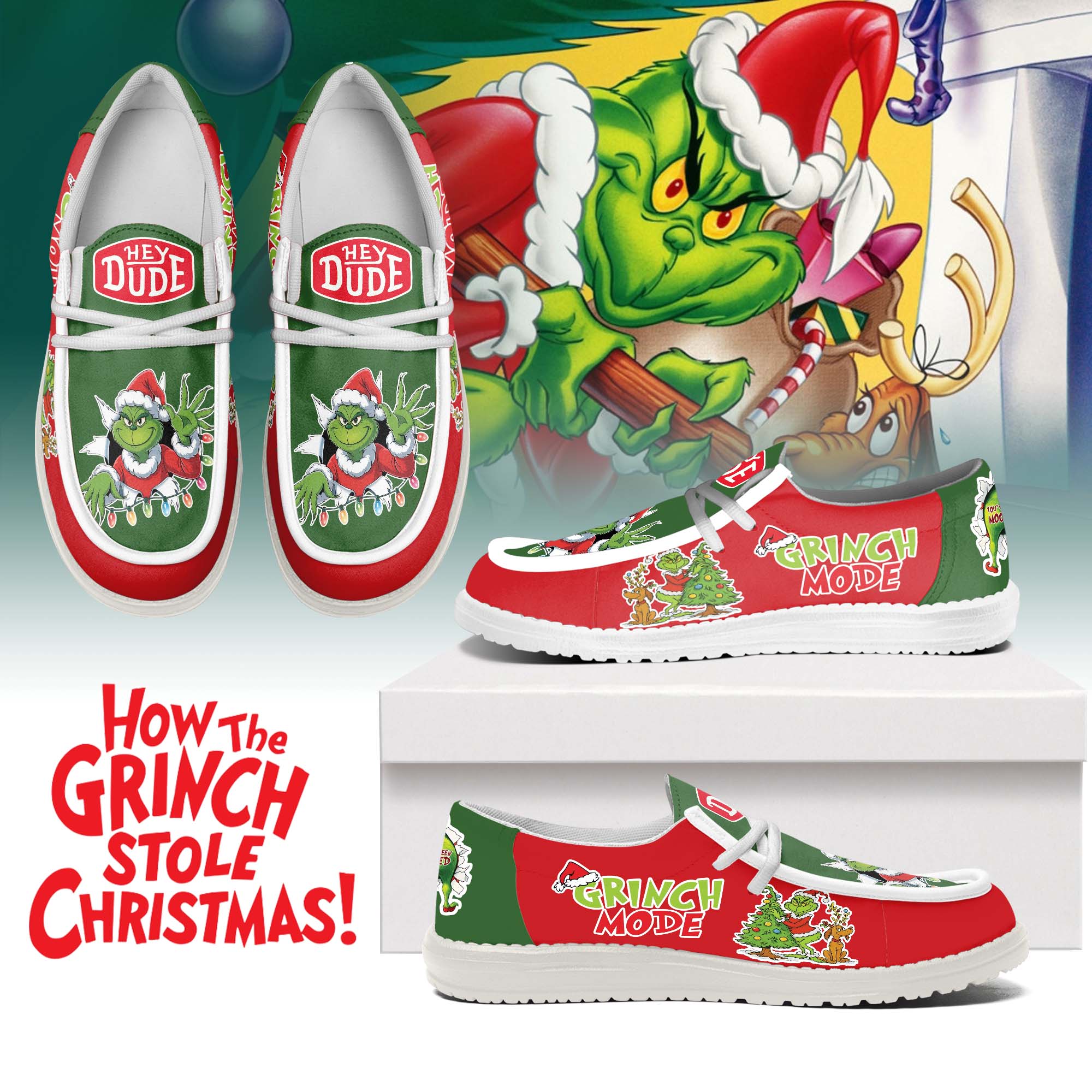 Gleammerch The Grinch x Christmas Hey Dude Shoes For Men And Women