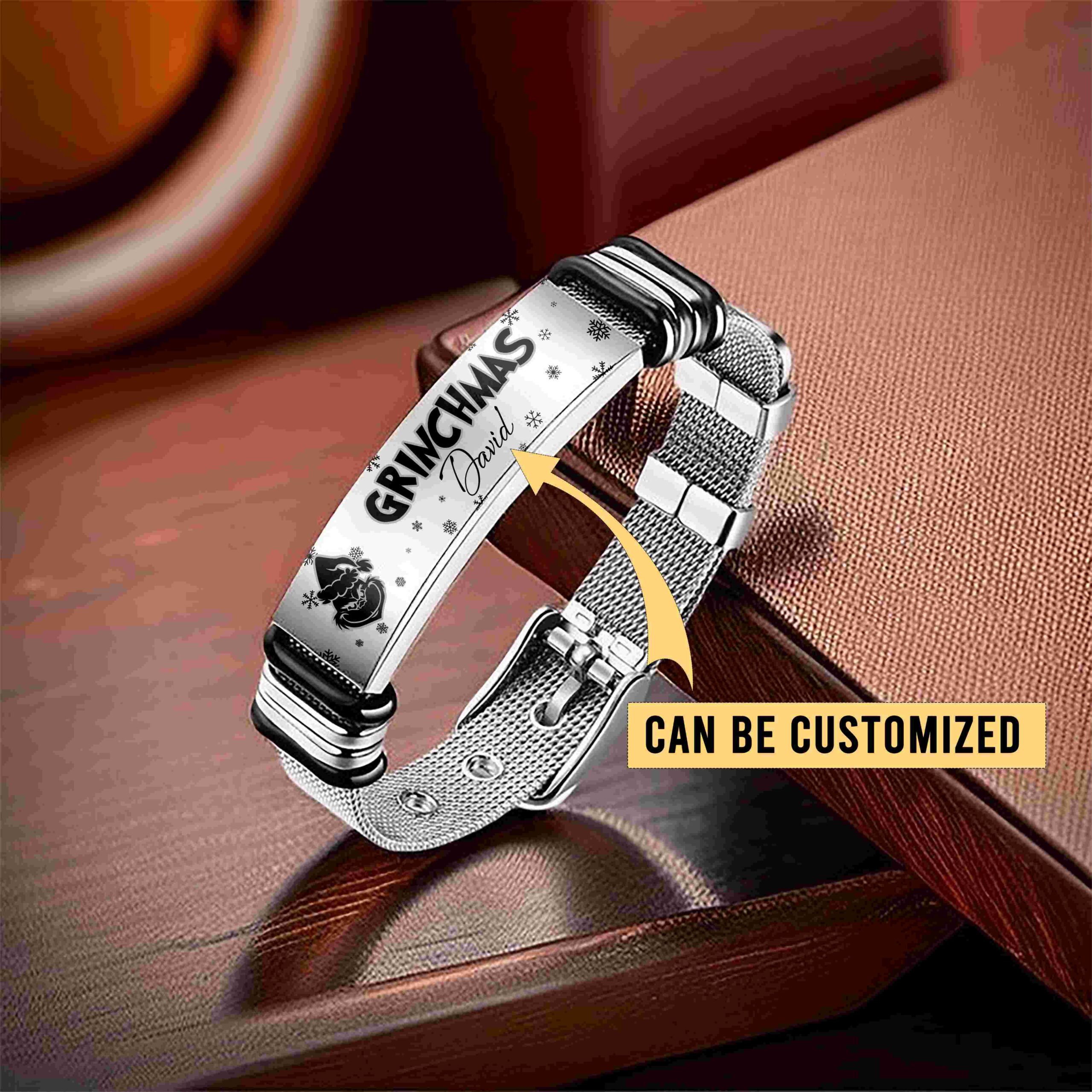 Gleammerch The Grinch x Christmas Personalized Men’s Metal Bracelet Gift For Fans