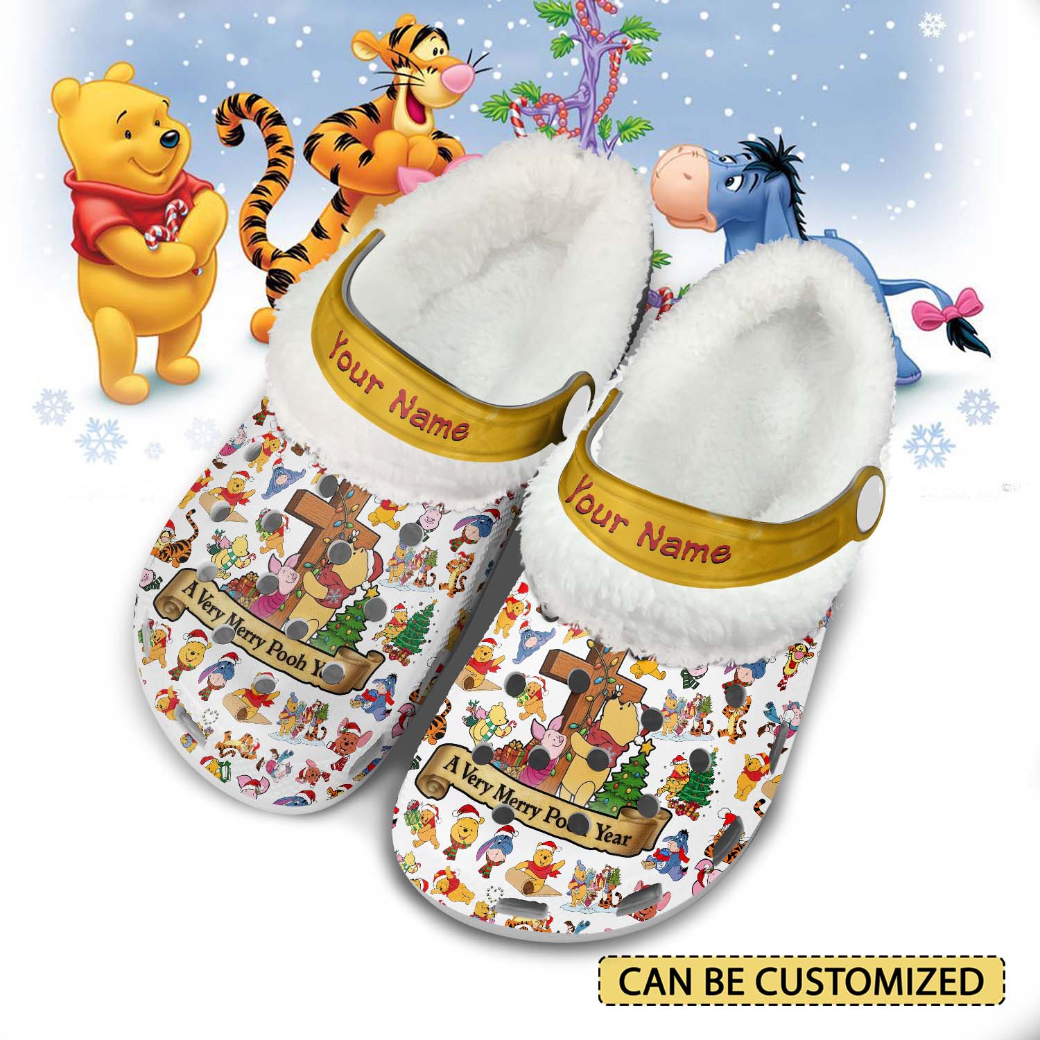 Gleammerch Winnie the Pooh x Christmas Fleece Crocs Crocband Clogs Shoes Comfortable For Men Women and Kids