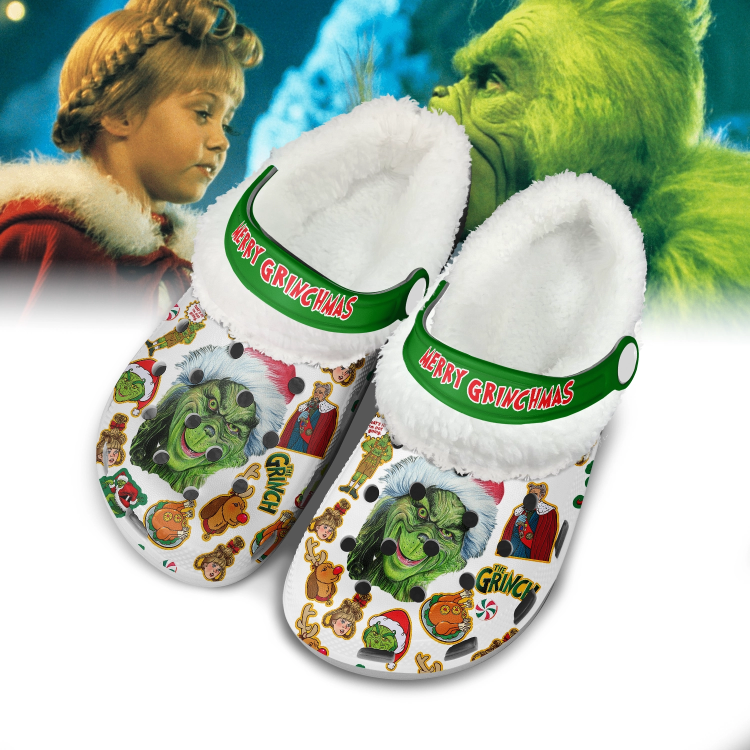 Gleammerch The Grinch x Christmas Fleece Crocs Crocband Clogs Shoes Comfortable For Men Women and Kids