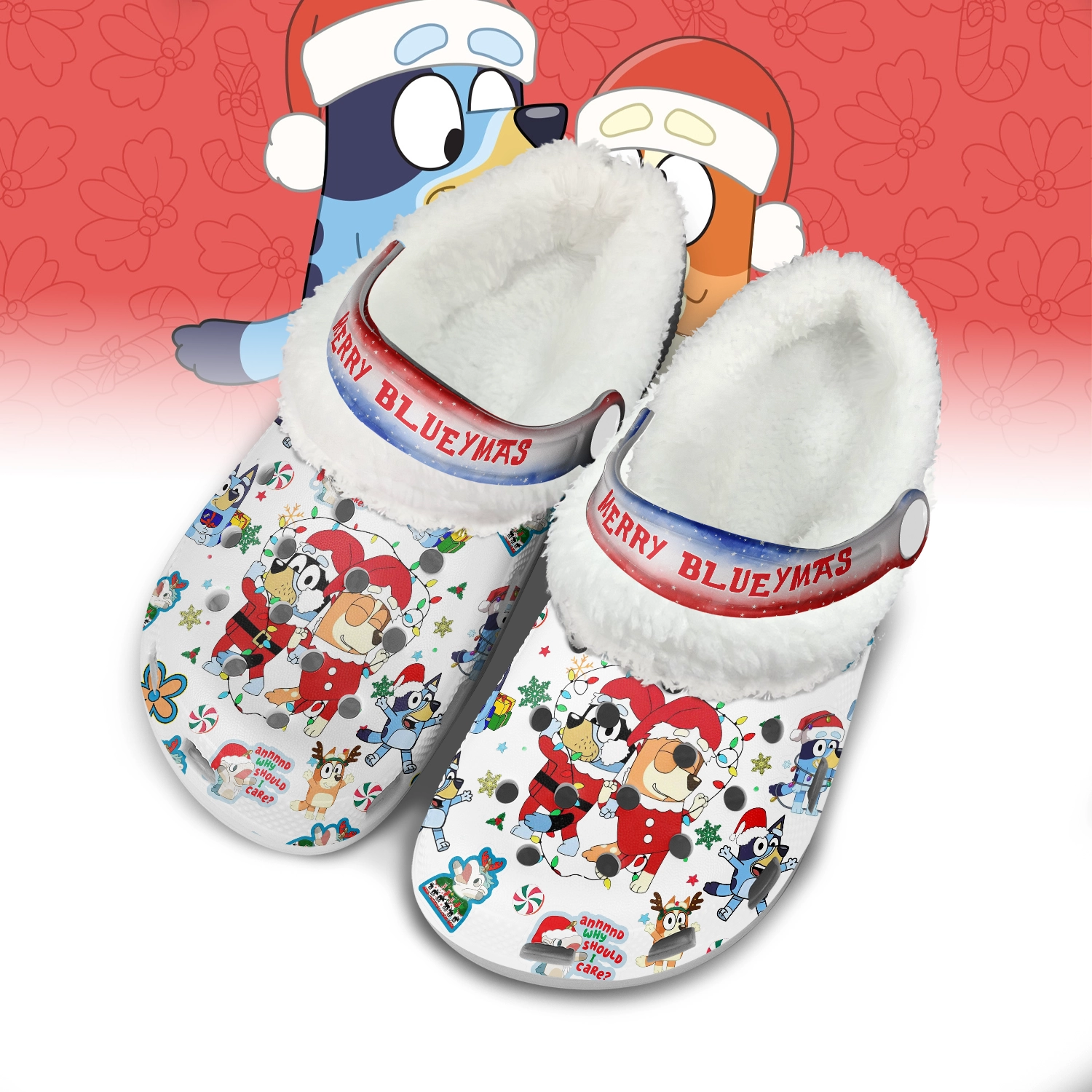 Gleammerch Bluey x Christmas Fleece Crocs Crocband Clogs Shoes Comfortable For Men Women and Kids