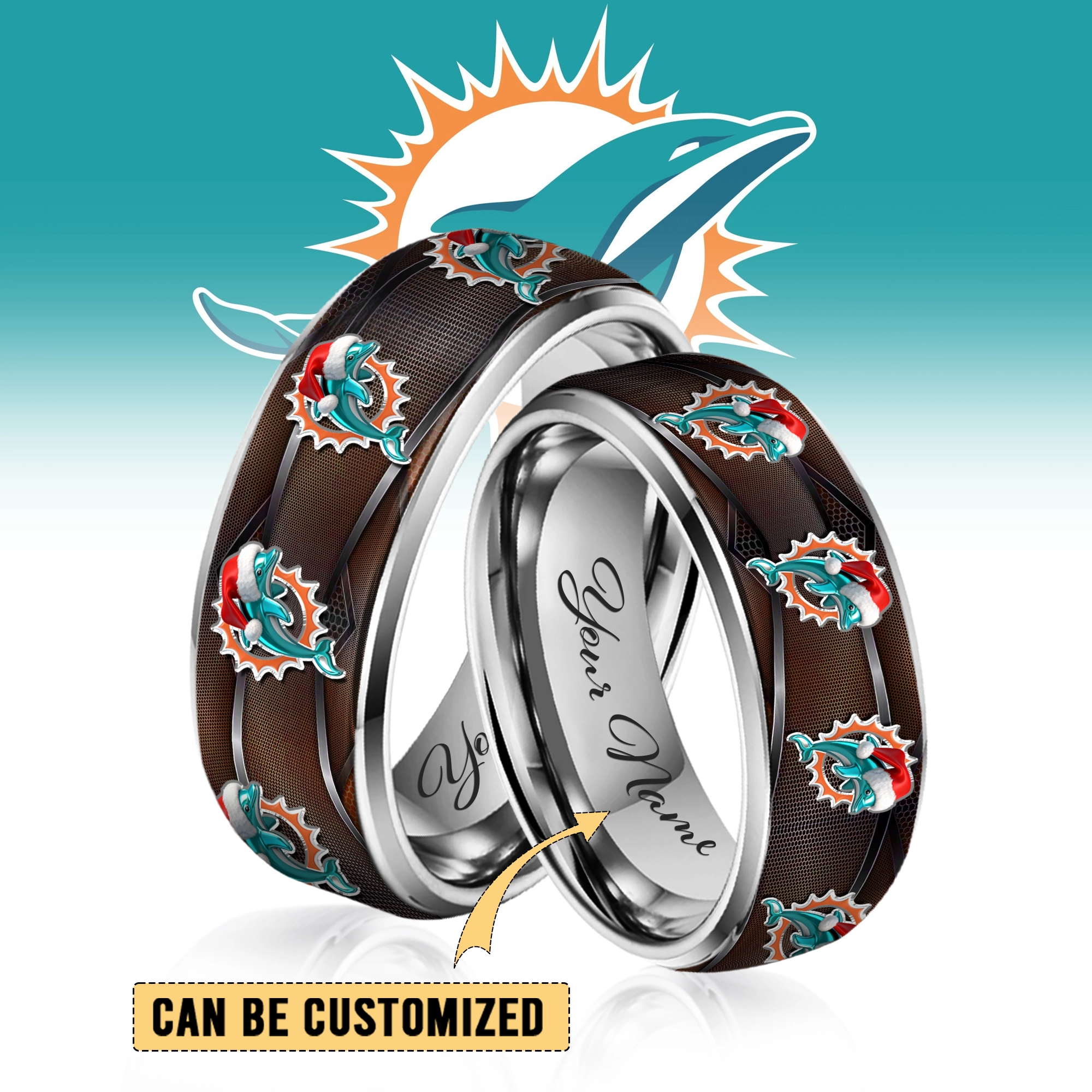 Gleammerch Miami Dolphins x Christmas  Silver Tungsten Rings Gift For Fans