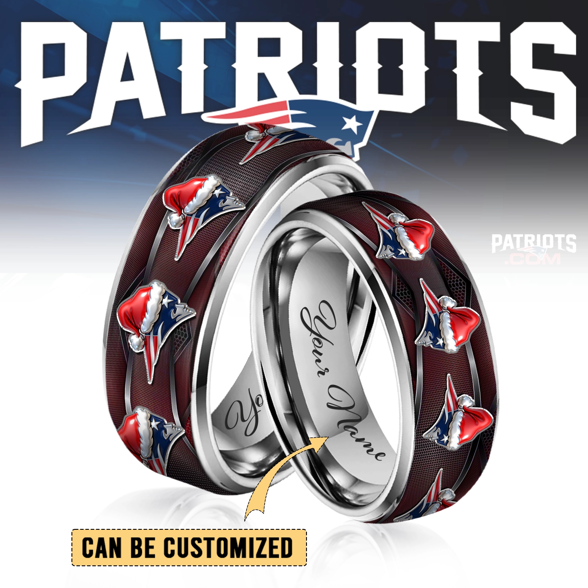 Gleammerch New England x Christmas Patriots Silver Tungsten Rings Gift For Fans