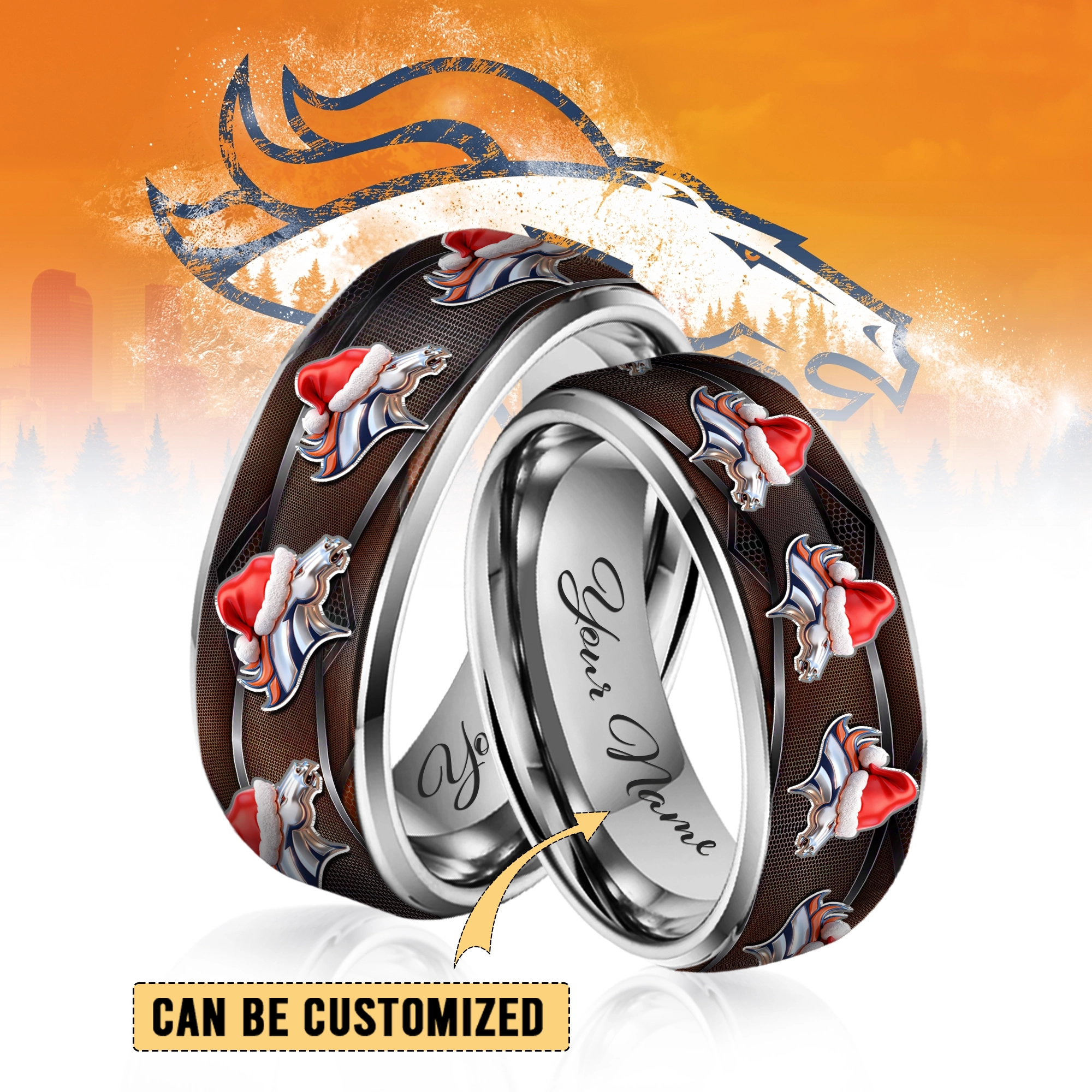 Gleammerch Denver Broncos Silver Tungsten Rings Gift For Fans