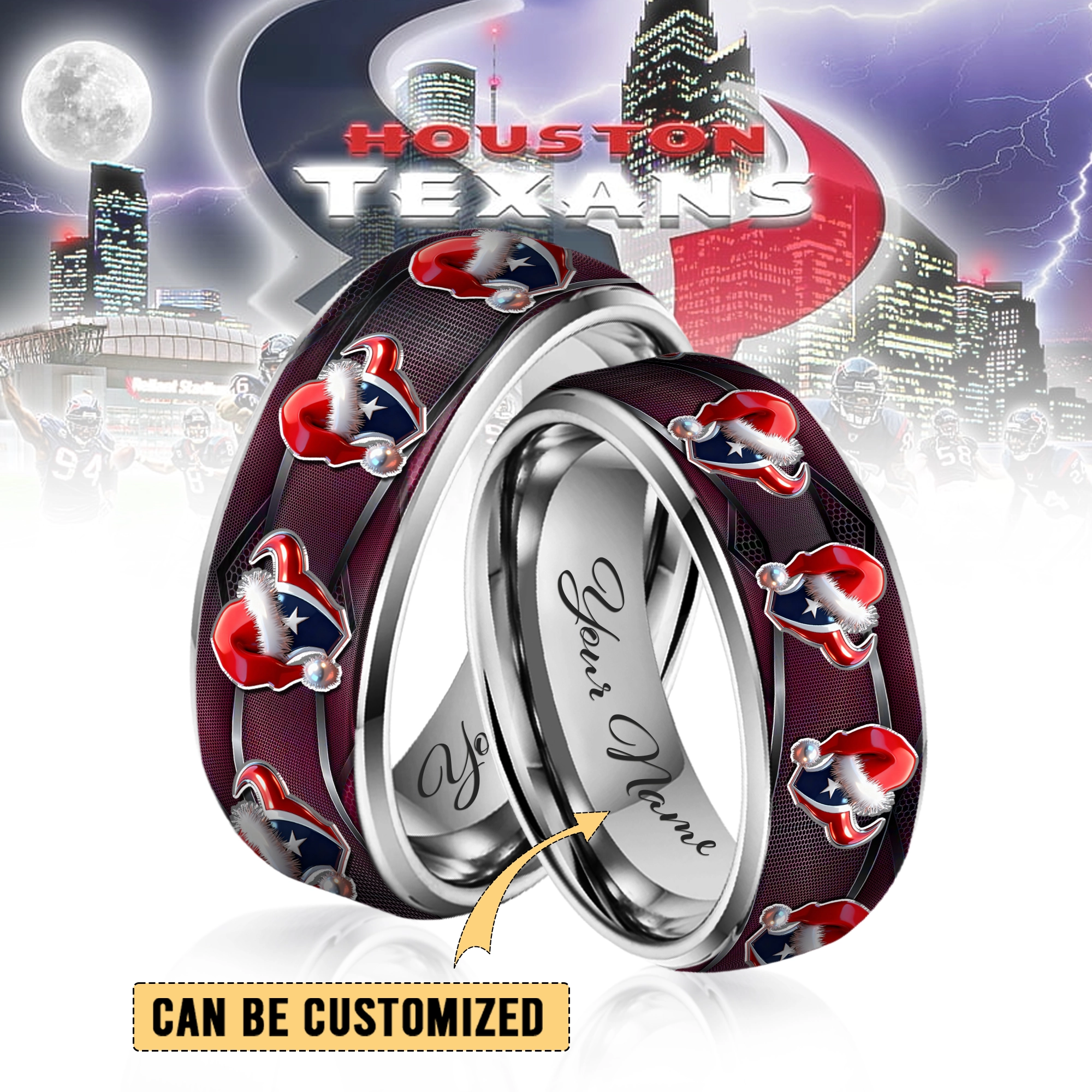 Gleammerch Houston Texans x Christmas  Silver Tungsten Rings Gift For Fans