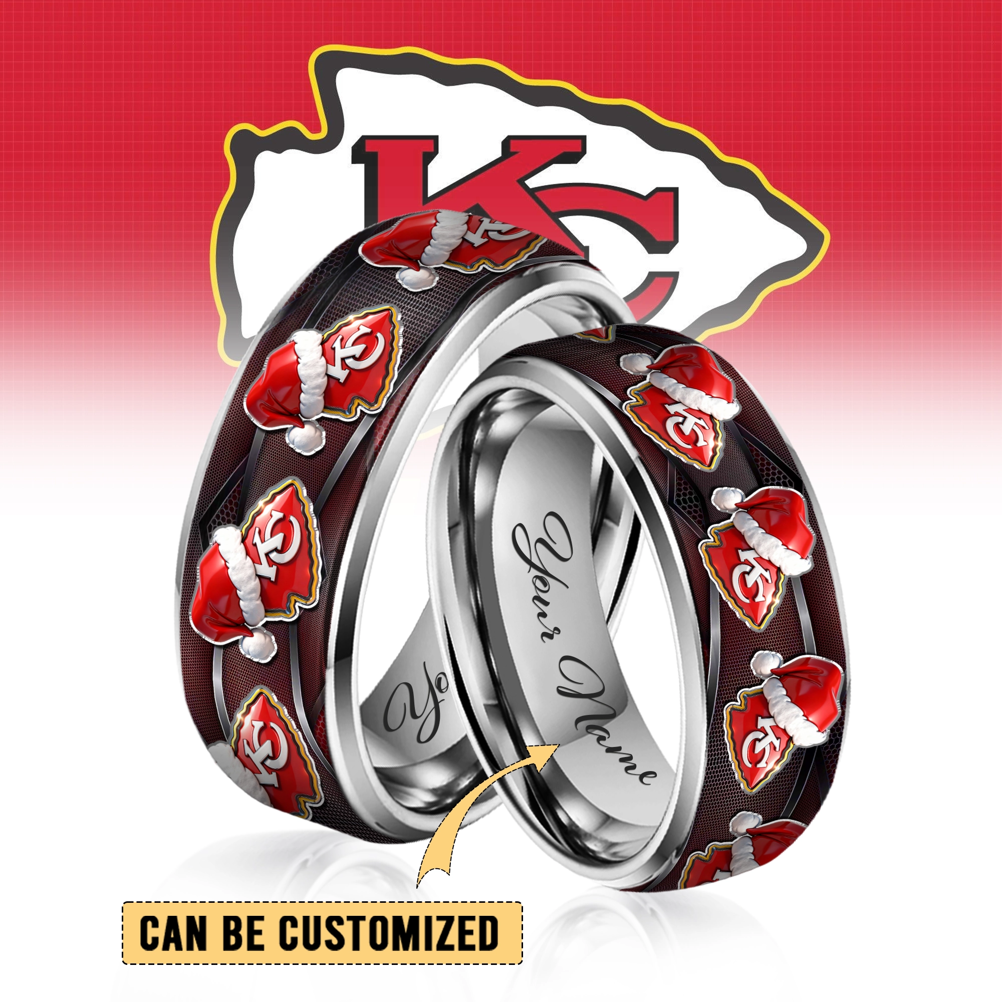 Gleammerch Kansas City Chiefs x Christmas  Silver Tungsten Rings Gift For Fans