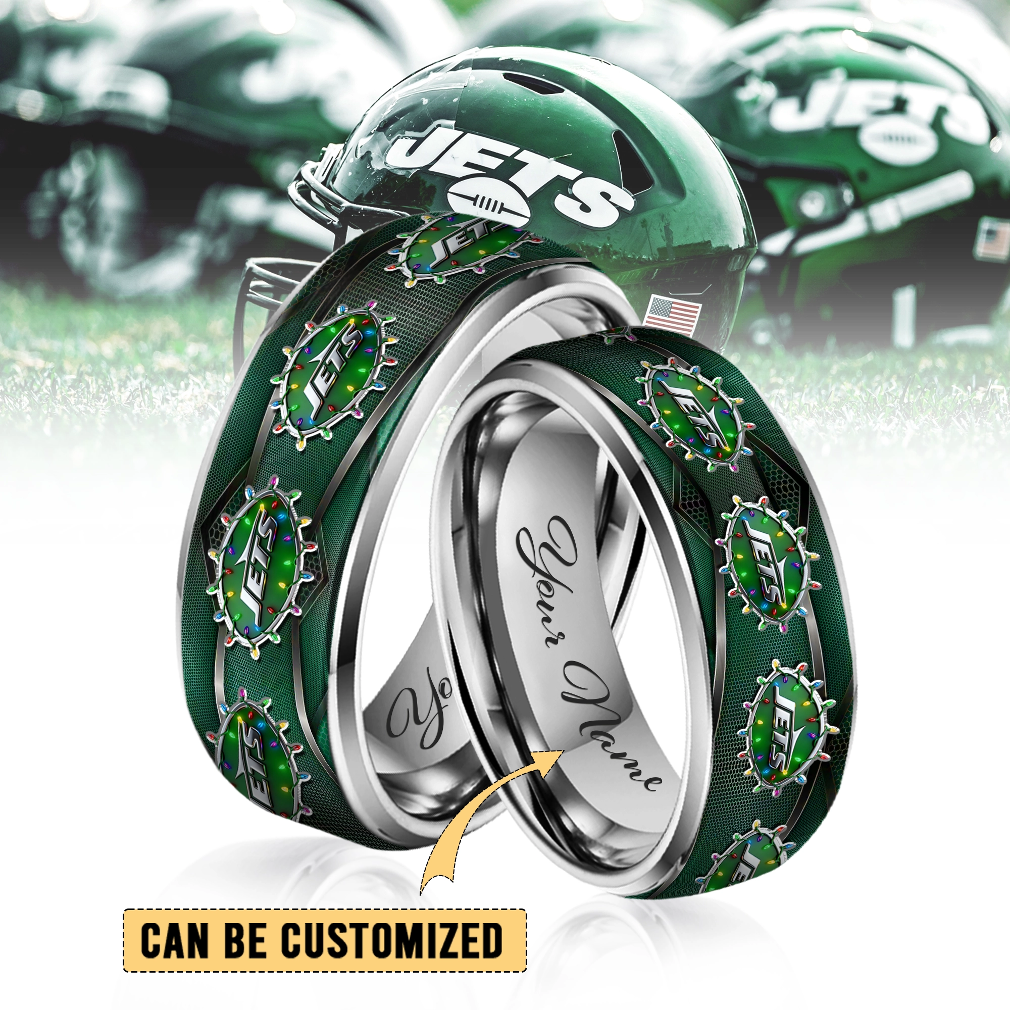 Gleammerch New York Jets x Christmas  Silver Tungsten Rings Gift For Fans