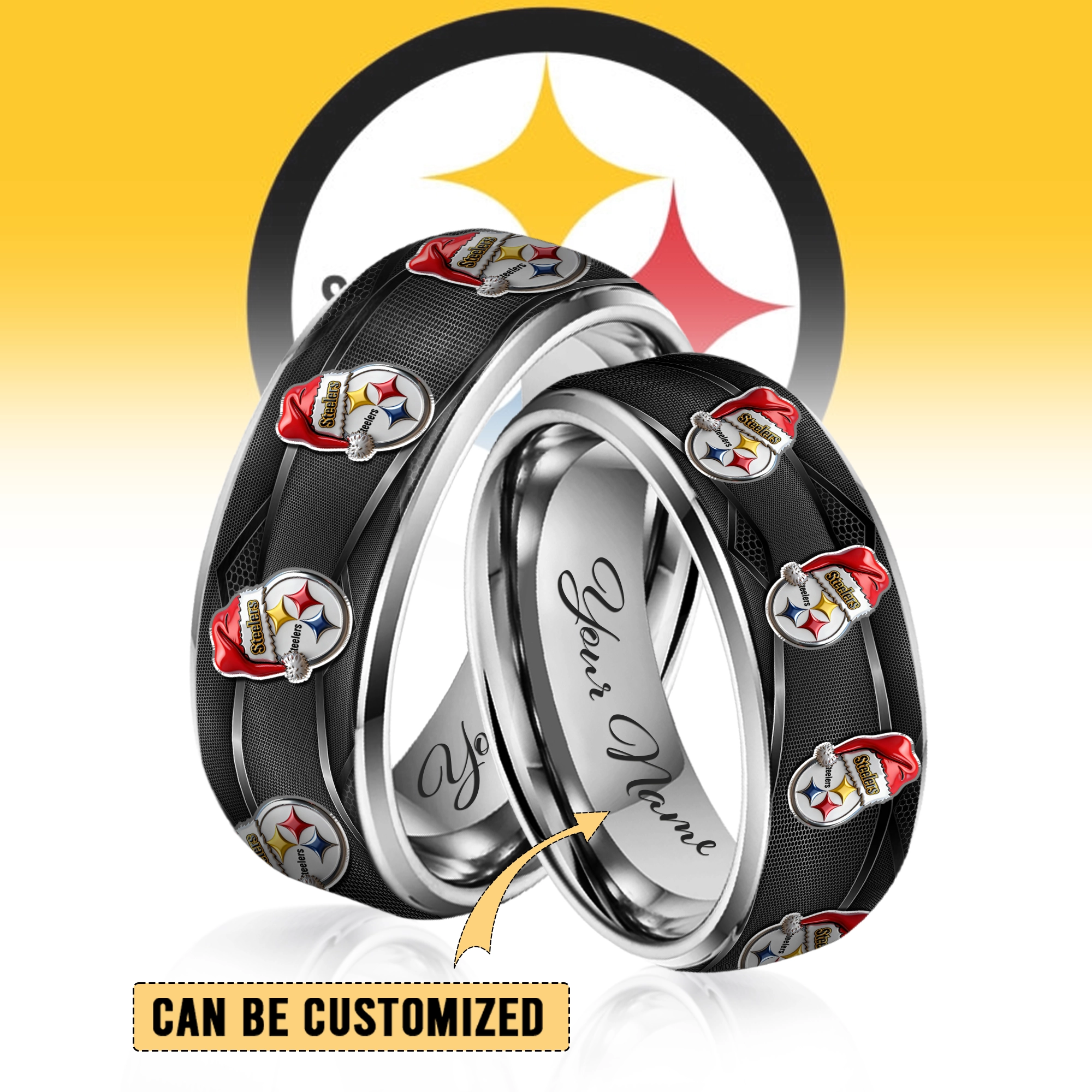 Gleammerch Pittsburgh Steelers x Christmas  Silver Tungsten Rings Gift For Fans