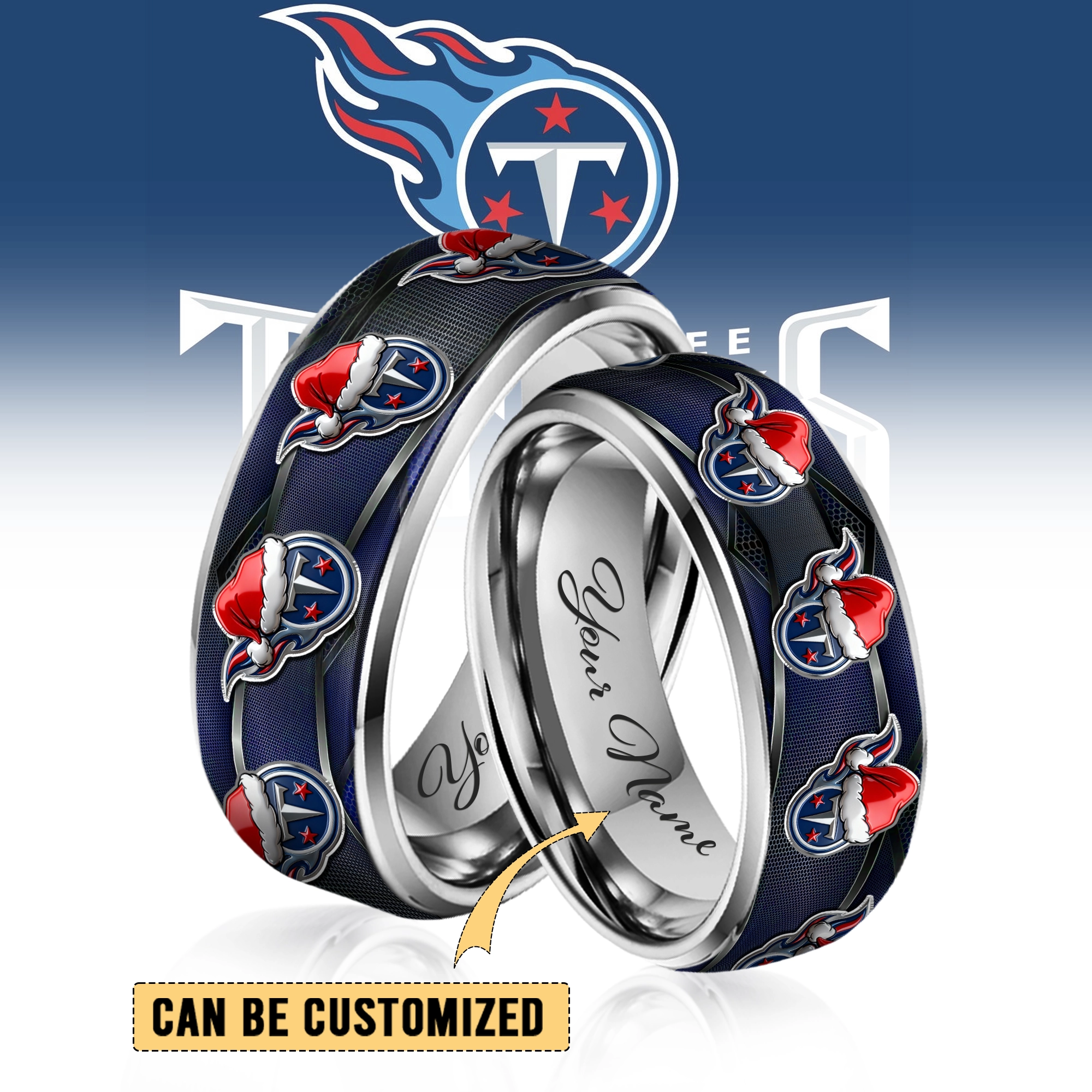 Gleammerch Tennessee Titans x Christmas  Silver Tungsten Rings Gift For Fans