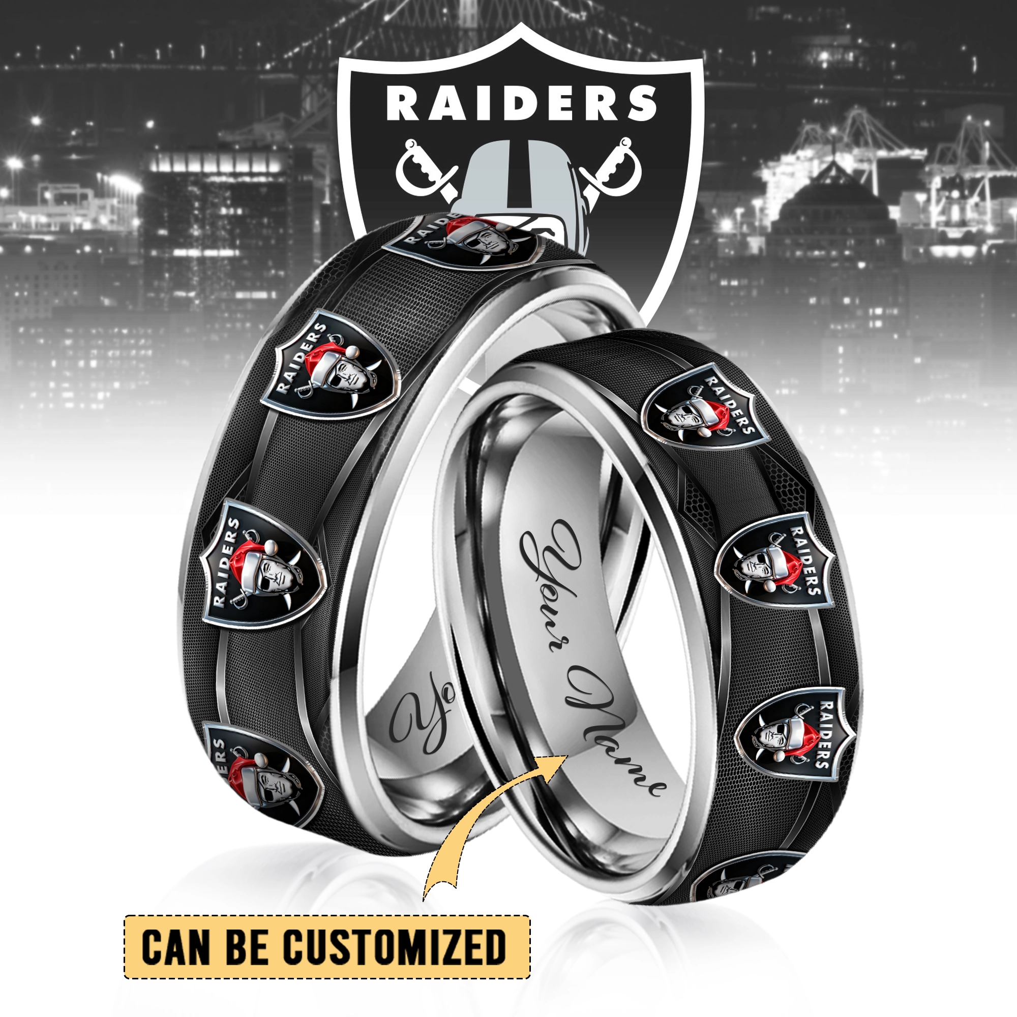 Gleammerch Las Vegas Raiders Silver Tungsten Rings Gift For Fans