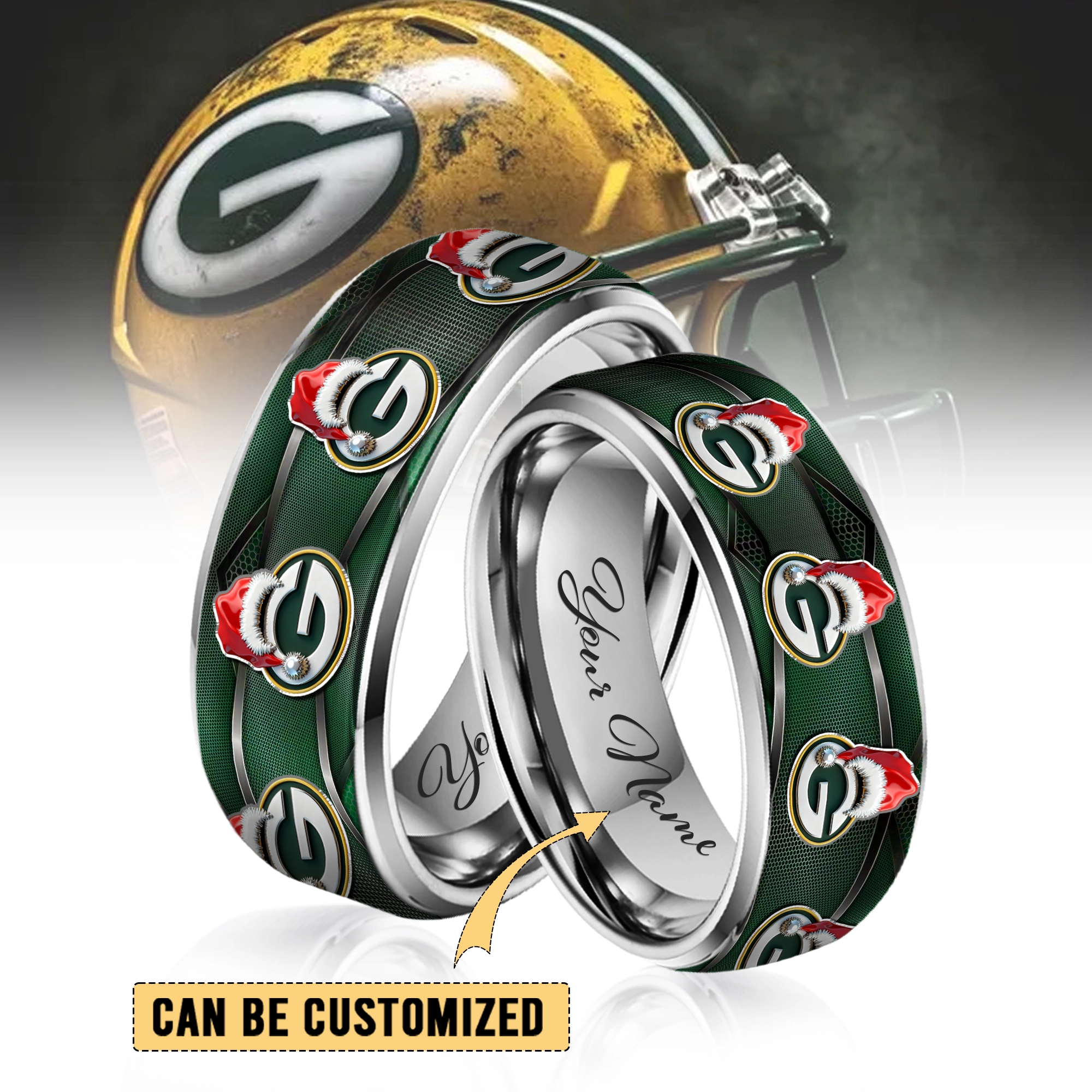 Gleammerch Green Bay Packers x Christmas  Silver Tungsten Rings Gift For Fans
