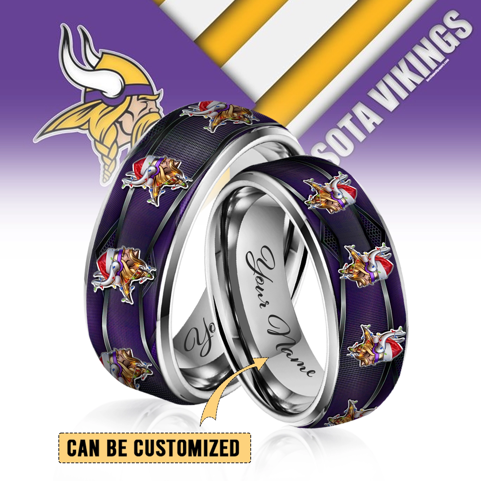 Gleammerch Minnesota Vikings x Christmas  Silver Tungsten Rings Gift For Fans