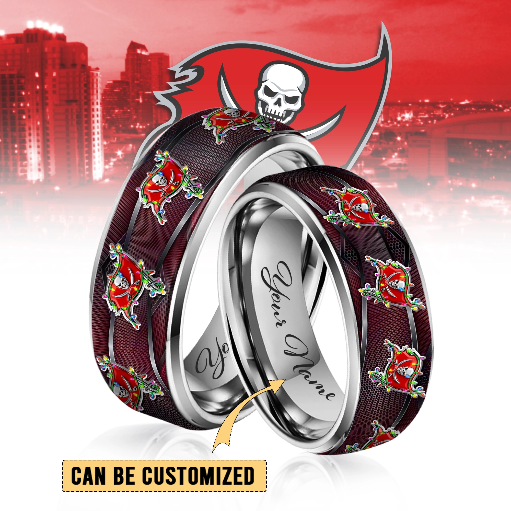 Gleammerch Tampa Bay Buccaneers x Christmas  Silver Tungsten Rings Gift For Fans