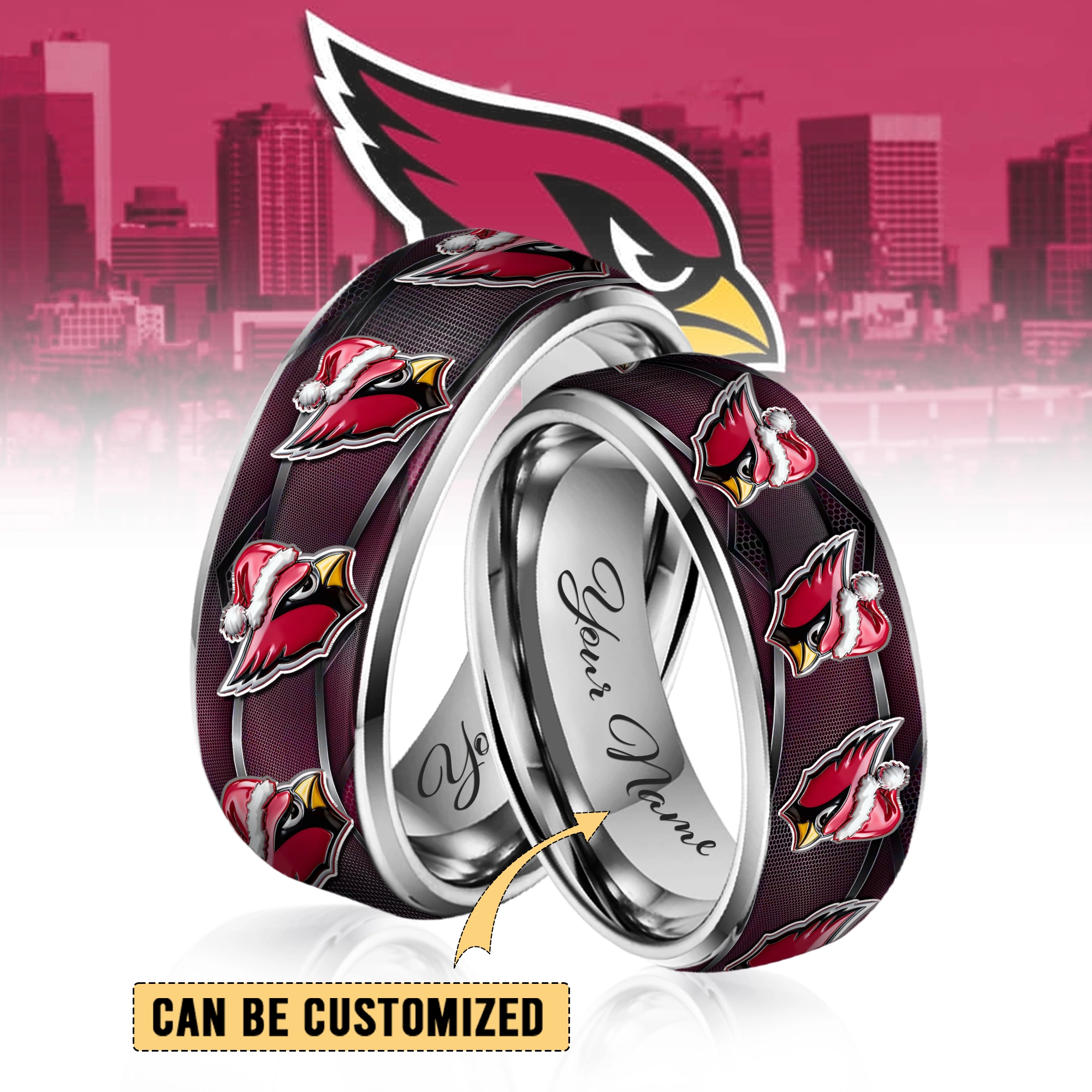 Gleammerch Arizona Cardinals x Christmas  Silver Tungsten Rings Gift For Fans