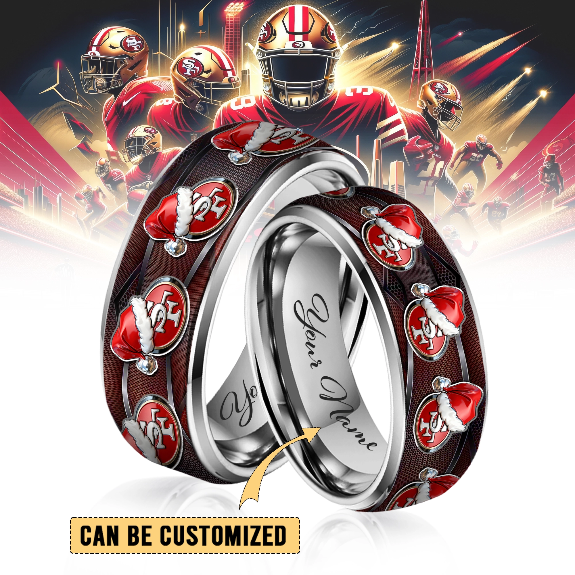 Gleammerch San Francisco 49ers x Christmas  Silver Tungsten Rings Gift For Fans