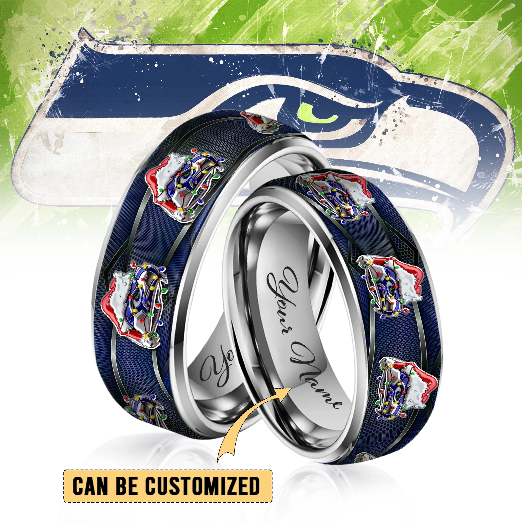 Gleammerch Seattle Seahawks x Christmas  Silver Tungsten Rings Gift For Fans