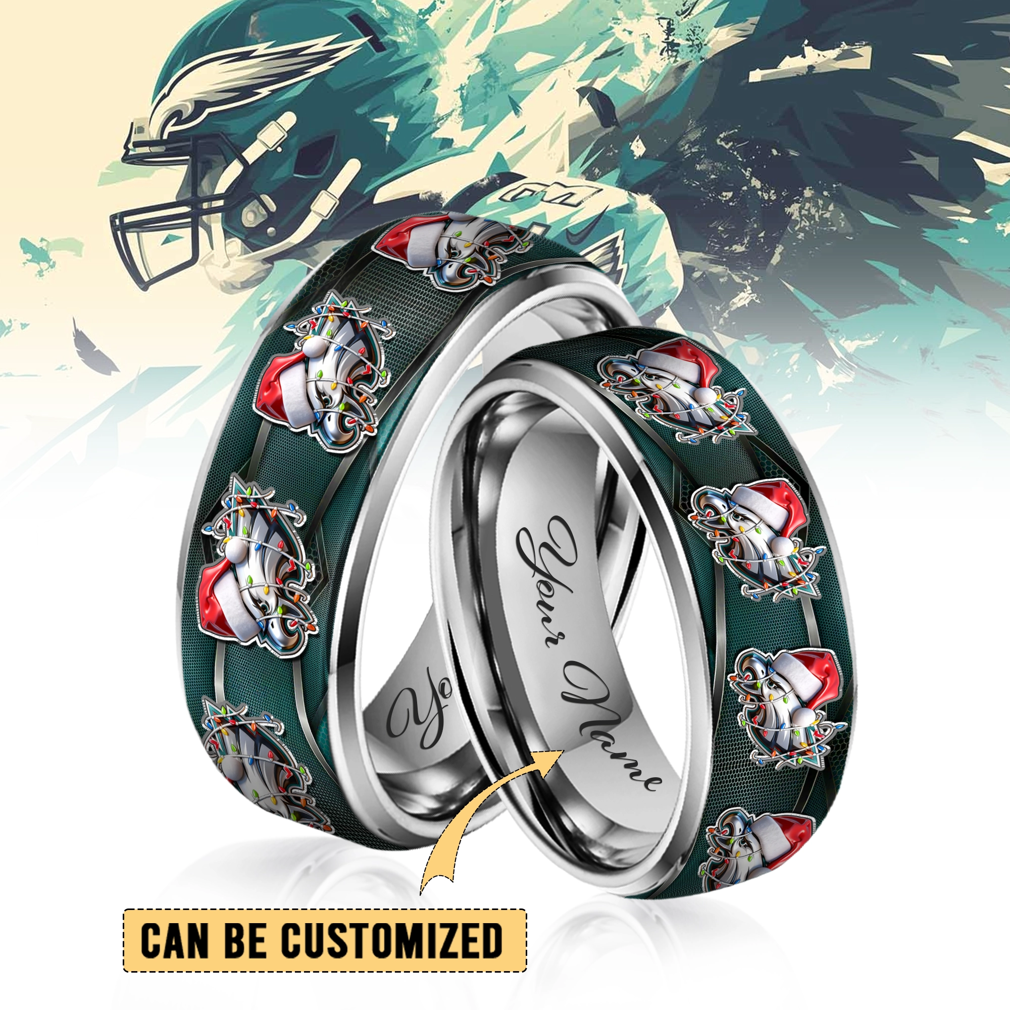 Gleammerch Philadelphia Eagles x Christmas Silver Tungsten Rings Gift For Fans