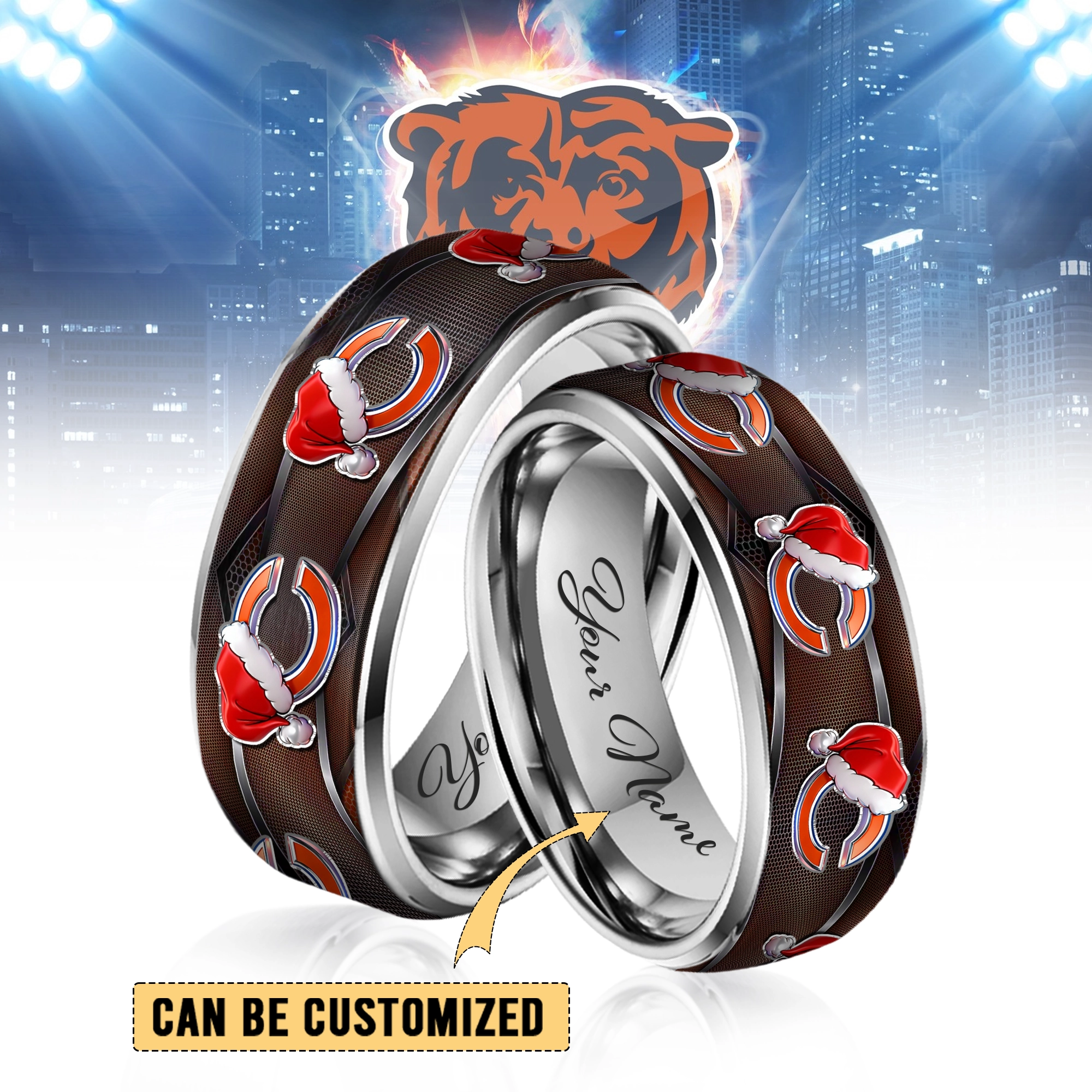 Gleammerch Chicago Bears  x Christmas Silver Tungsten Rings Gift For Fans